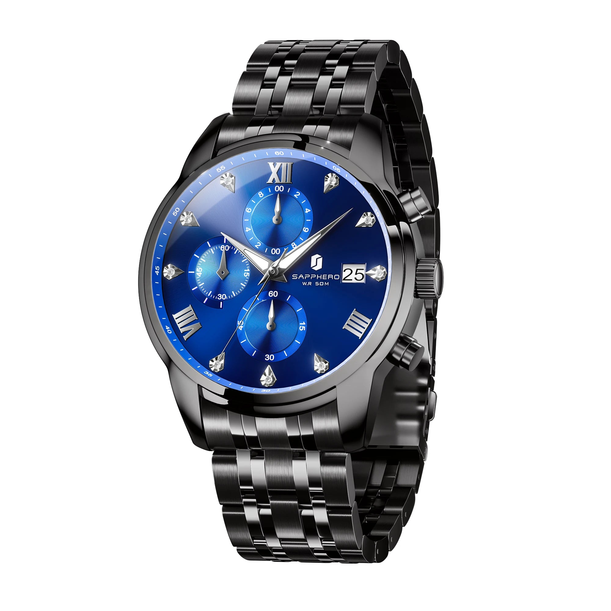 Sapphero relógio masculino de luxo, relógio de aço inoxidável, calendário, à prova d'água, 5atm, caixa de presente de alta qualidade
