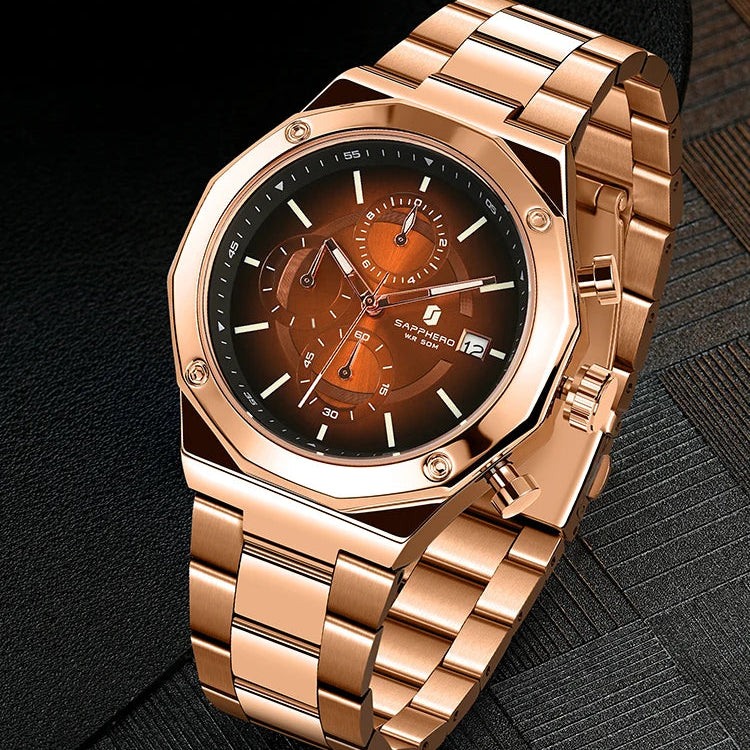 SAPPHERO Relógio masculino de ouro rosa, relógio de luxo da moda, aço inoxidável, 50m, resistência à água, presentes de ano novo