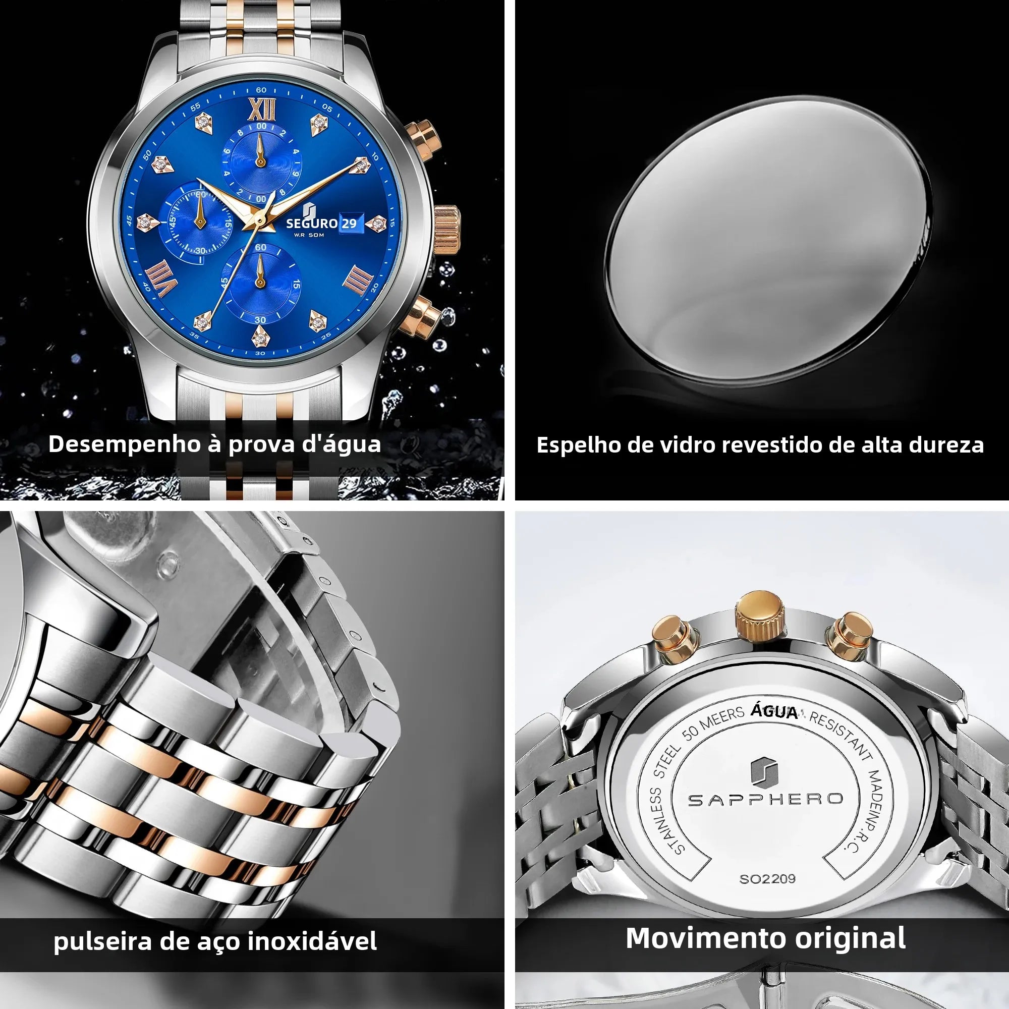 Sapphero relógio masculino de luxo, relógio de aço inoxidável, calendário, à prova d'água, 5atm, caixa de presente de alta qualidade