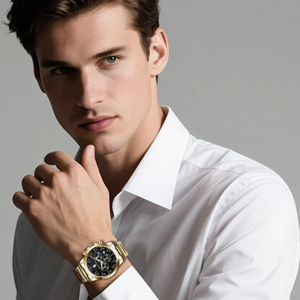 SAPPHERO Relógios de negócios masculinos pulseira de aço inoxidável exibição de data e função cronógrafo relógio masculino à prova d'água relógio de ouro rosa