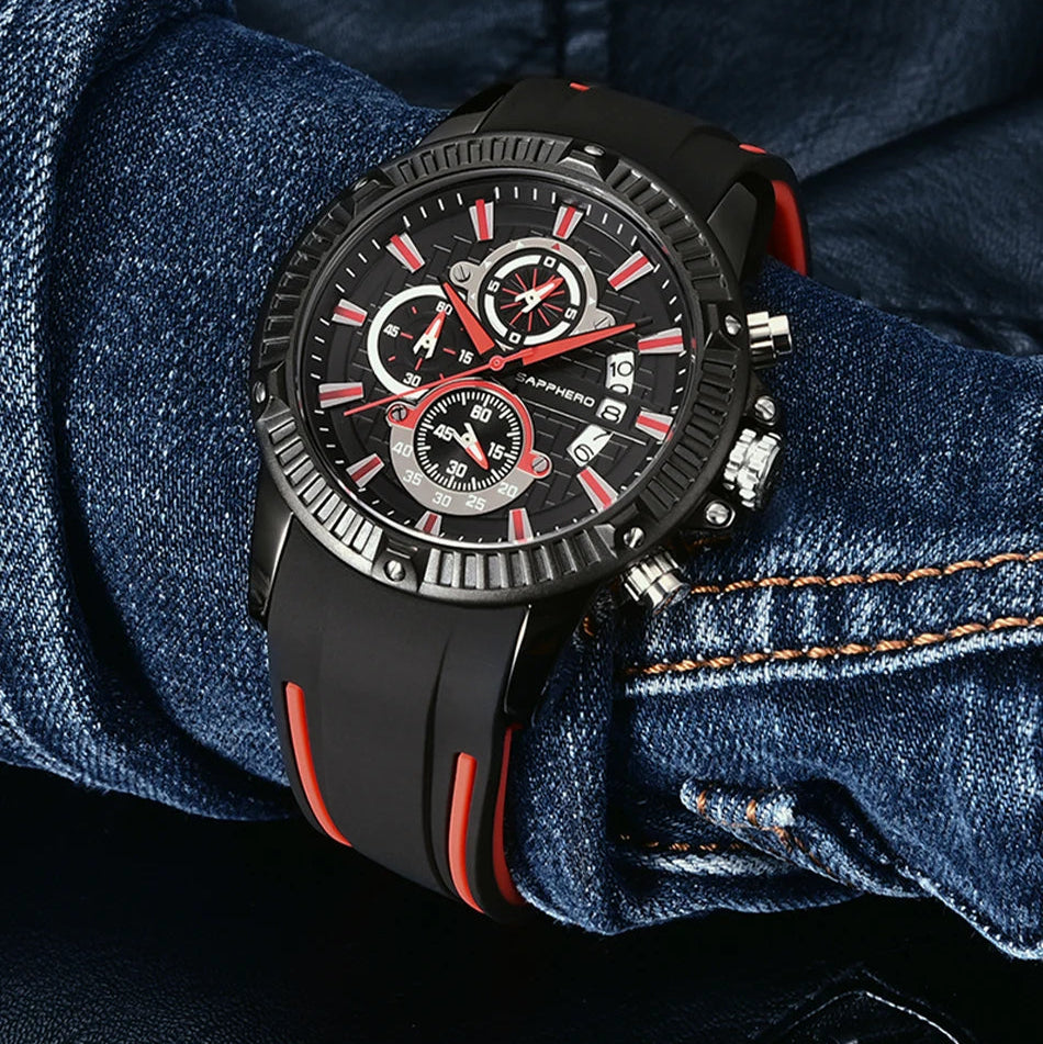 Sapphero relógio de quartzo masculino, relógio esportivo à prova d'água com pulseira de silicone, relógio militar de marca de luxo, presente, relógio preciso
