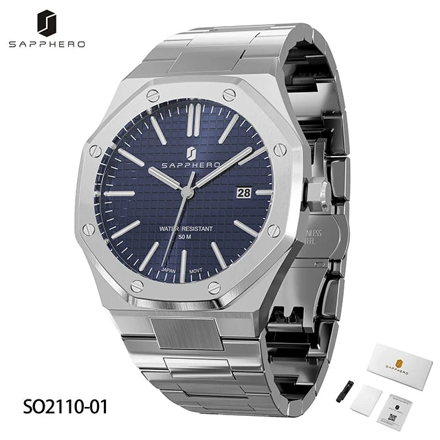 Relógio masculino SAPPHERO, pulseira de aço inoxidável, design resistente à água, calendário automático, presentes festivos, relógio de caixa de presente requintado