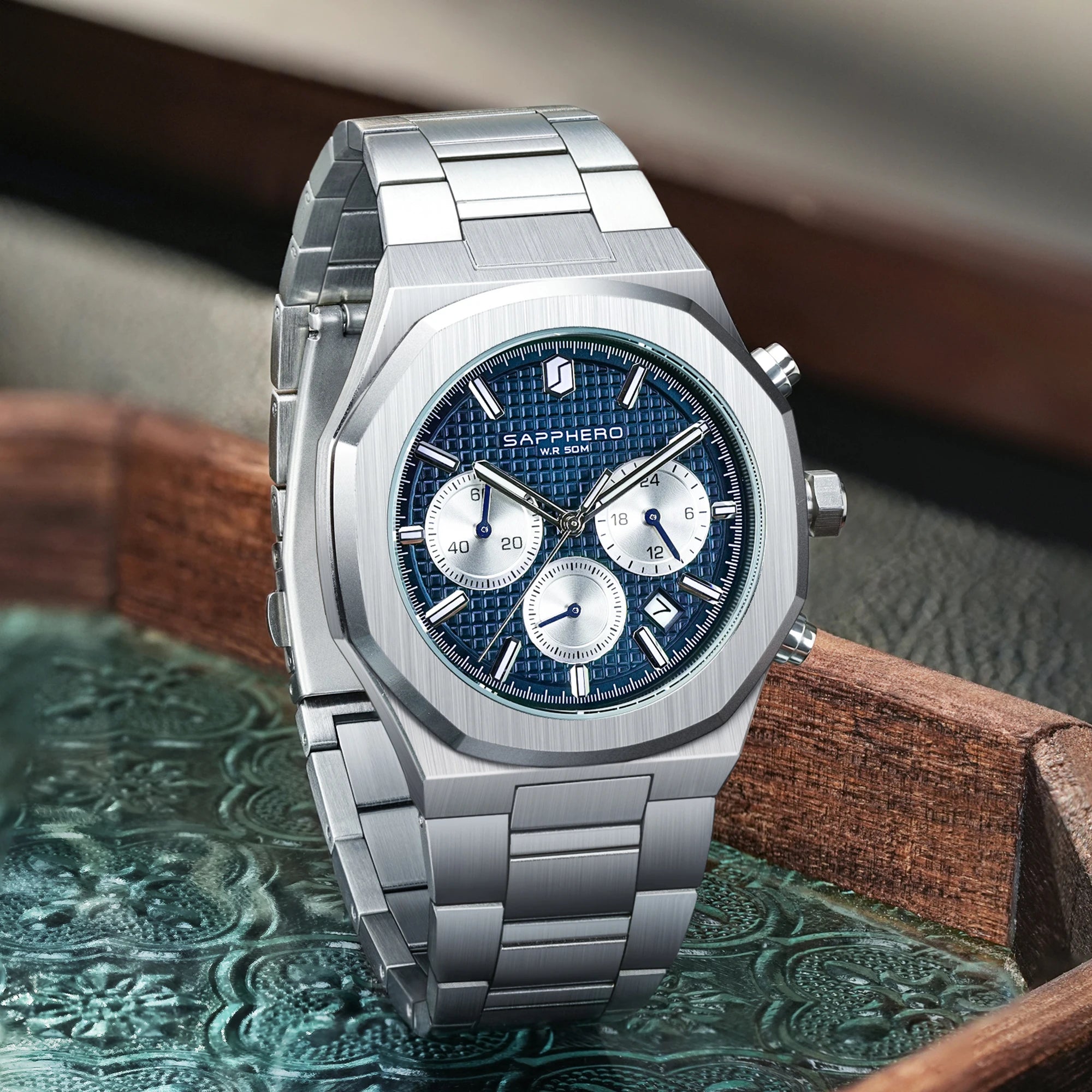 Sapphero relógio masculino de aço inoxidável à prova dwaterproof água relógio masculino cronógrafo relógio de negócios melhor presente