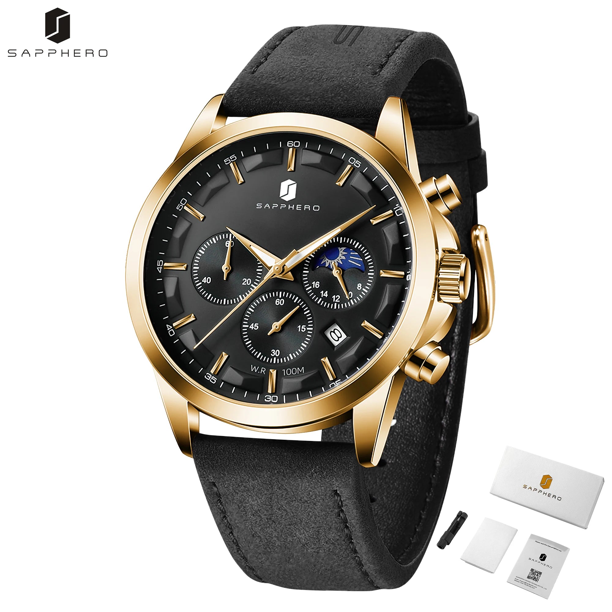 Sapphero relógios de negócios masculinos pulseira de couro esportes casual quartzo relógio masculino clássico à prova dwaterproof água 5atm relógio de pulso