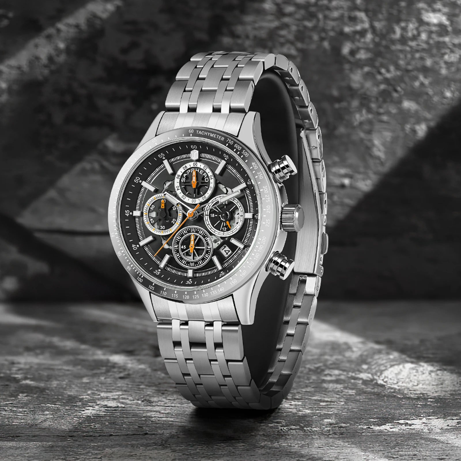 Sapphero moda masculina relógio de quartzo estilo mecânico 50m à prova dwaterproof água data cronógrafo relógio presente para homem