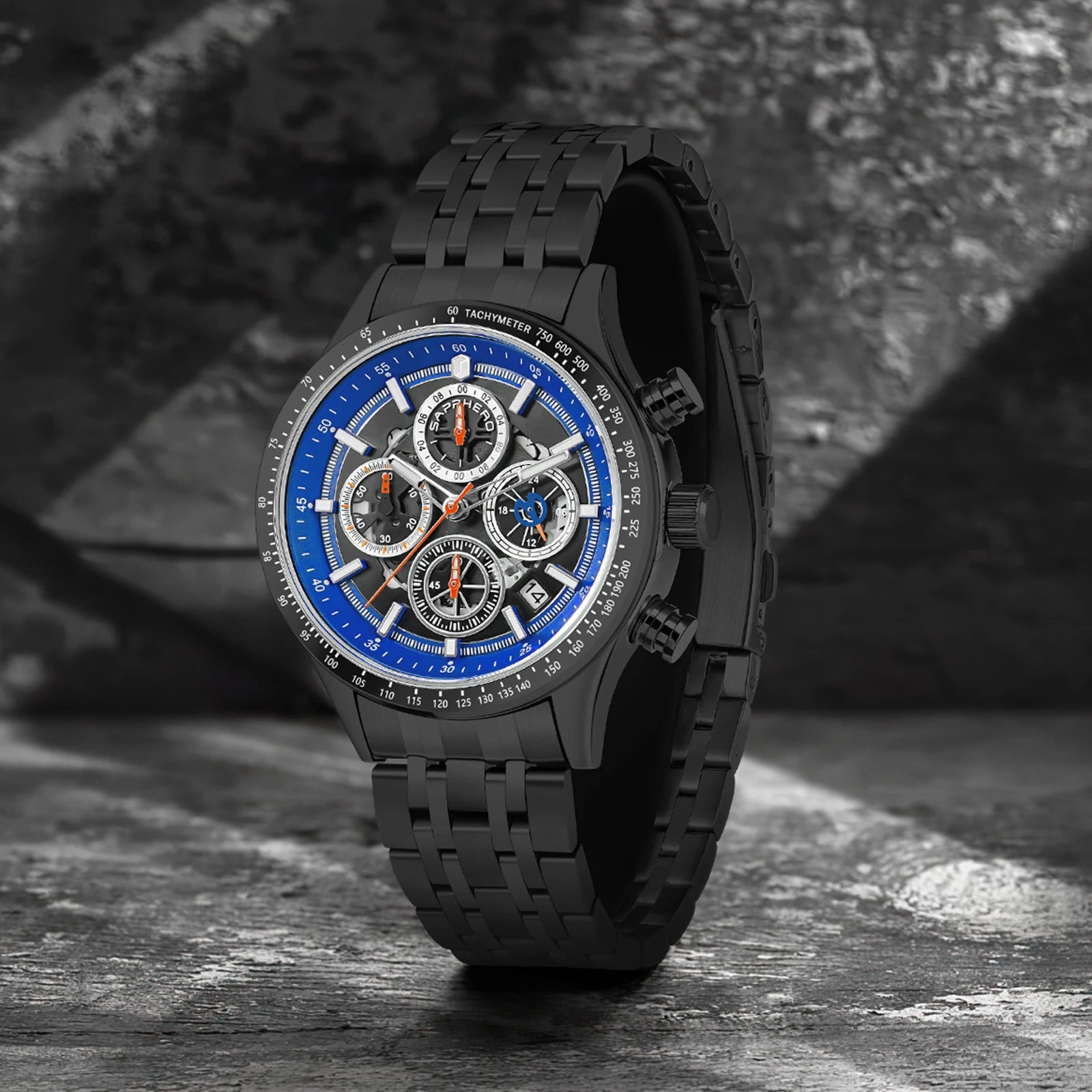 Sapphero moda masculina relógio de quartzo estilo mecânico 50m à prova dwaterproof água data cronógrafo relógio presente para homem