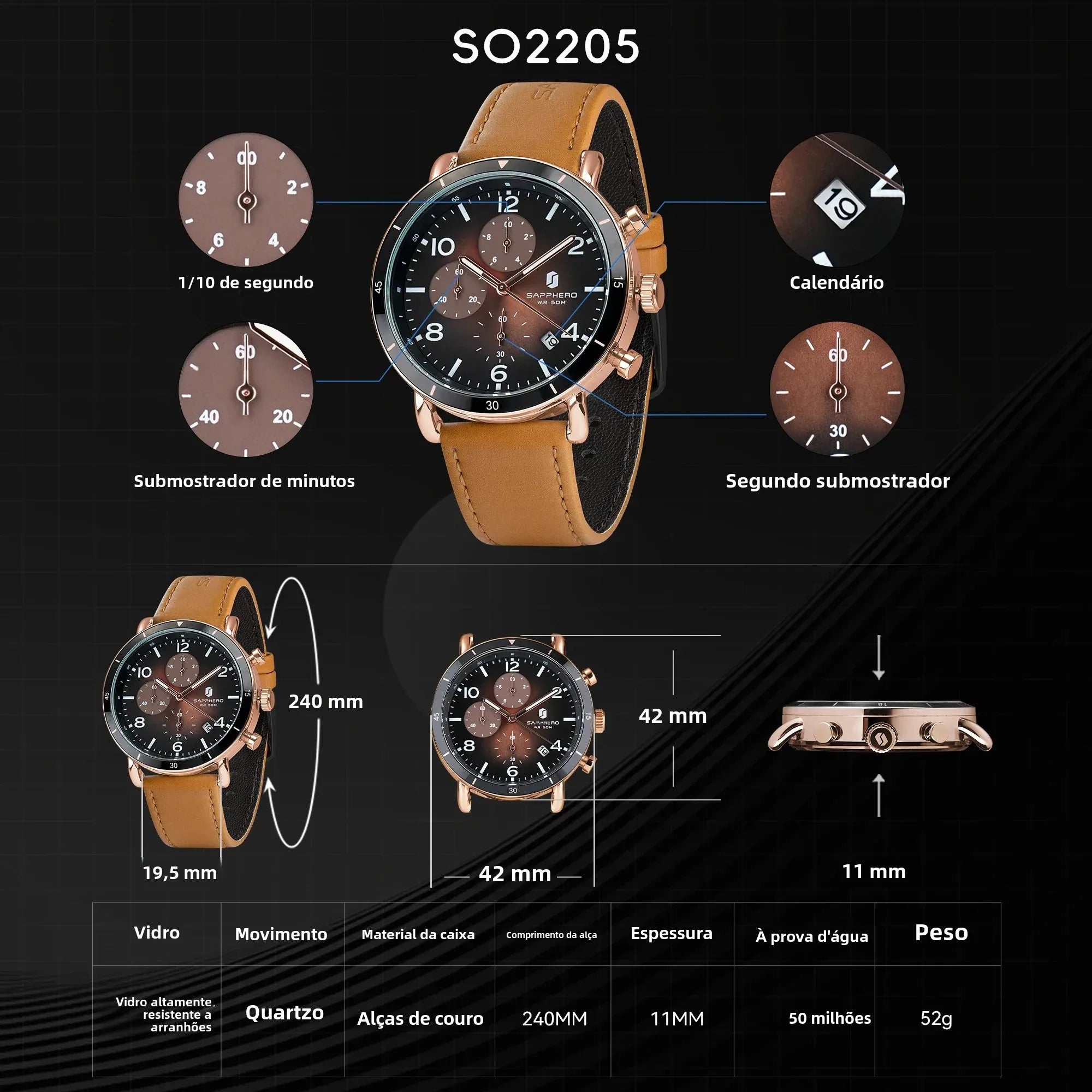 Sapphero clássico negócios quartzo relógio masculino 5atm à prova dwaterproof água caixa de presente conjunto 42mm grande mostrador data função relógio de pulso