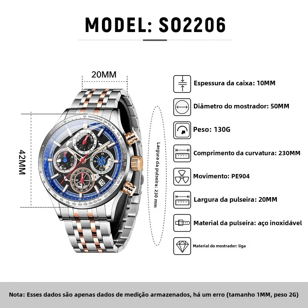 Sapphero moda masculina relógio de quartzo estilo mecânico 50m à prova dwaterproof água data cronógrafo relógio presente para homem