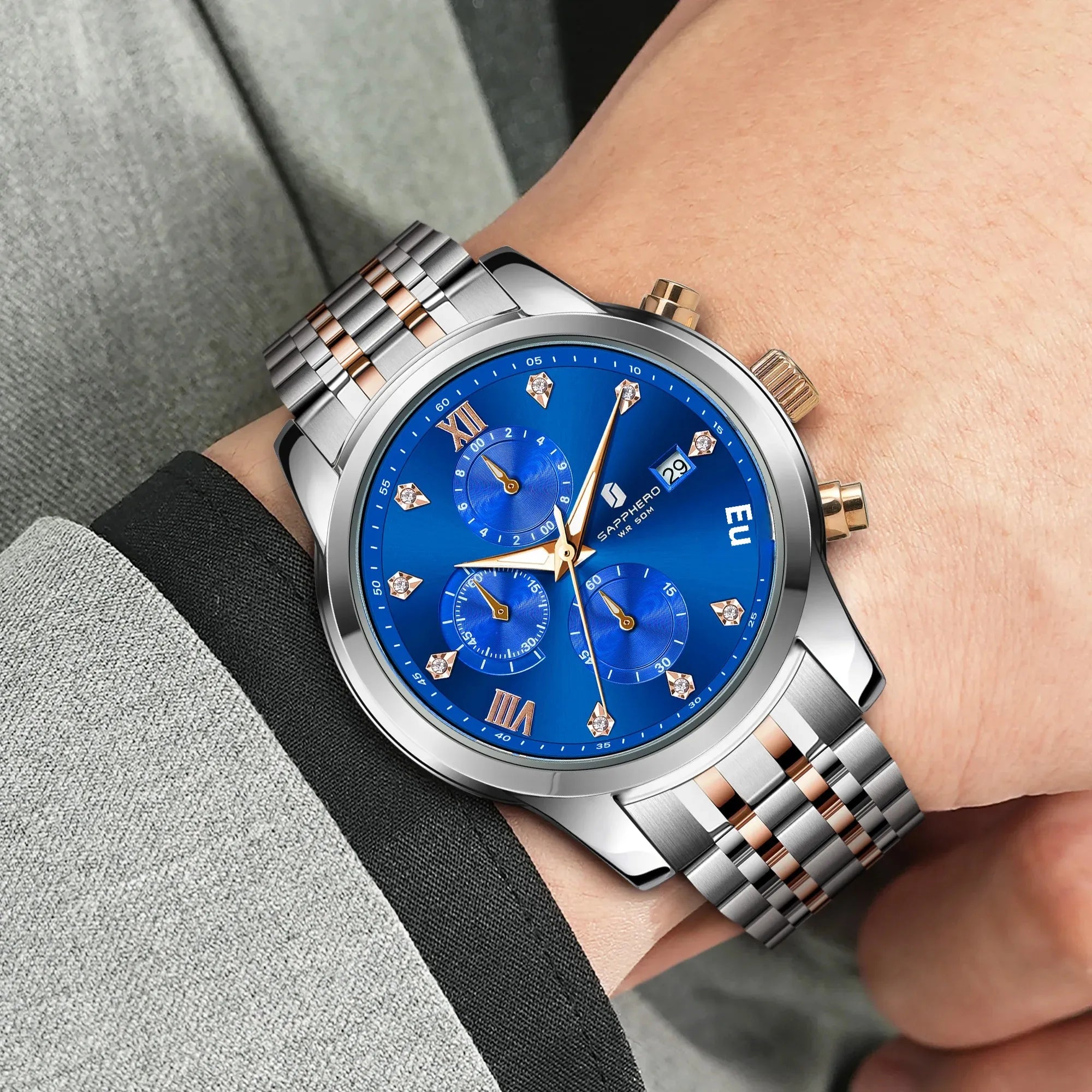Sapphero relógio masculino de luxo, relógio de aço inoxidável, calendário, à prova d'água, 5atm, caixa de presente de alta qualidade