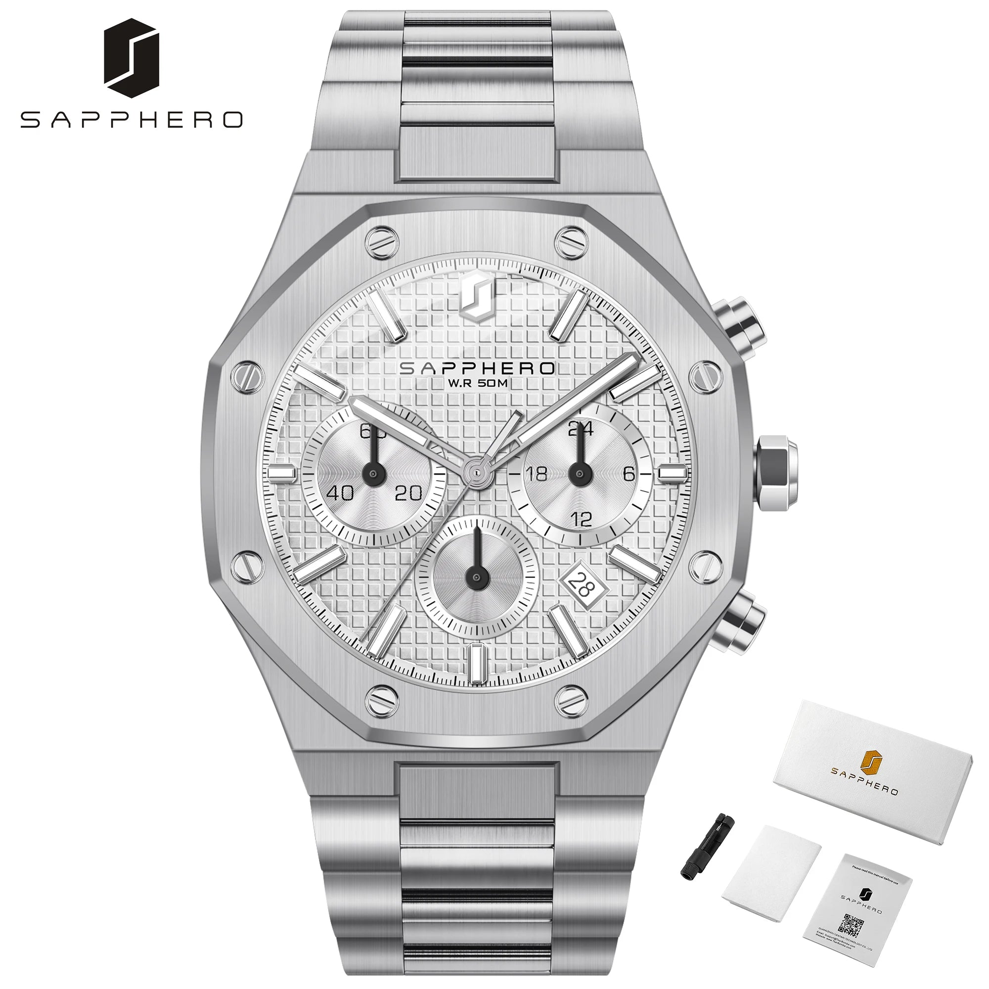 Sapphero relógio masculino à prova dwaterproof água função cronógrafo data brilhante mãos relógio de aço inoxidável relógio de negócios para presente masculino