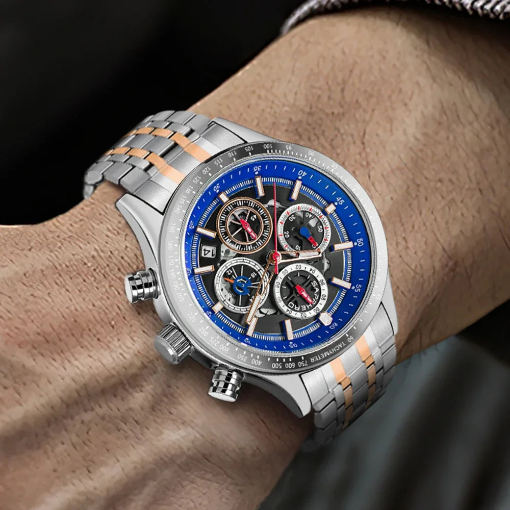 Sapphero moda masculina relógio de quartzo estilo mecânico 50m à prova dwaterproof água data cronógrafo relógio presente para homem