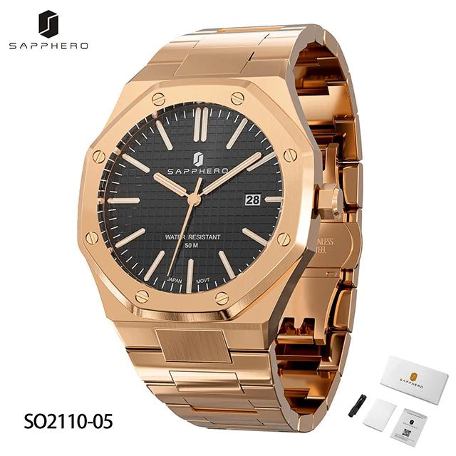 Relógio masculino SAPPHERO, pulseira de aço inoxidável, design resistente à água, calendário automático, presentes festivos, relógio de caixa de presente requintado