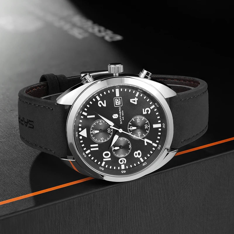 Relógio masculino de negócios safira, pulseira de couro confortável, resistente à água, com mãos iluminadas, cronógrafo para homens