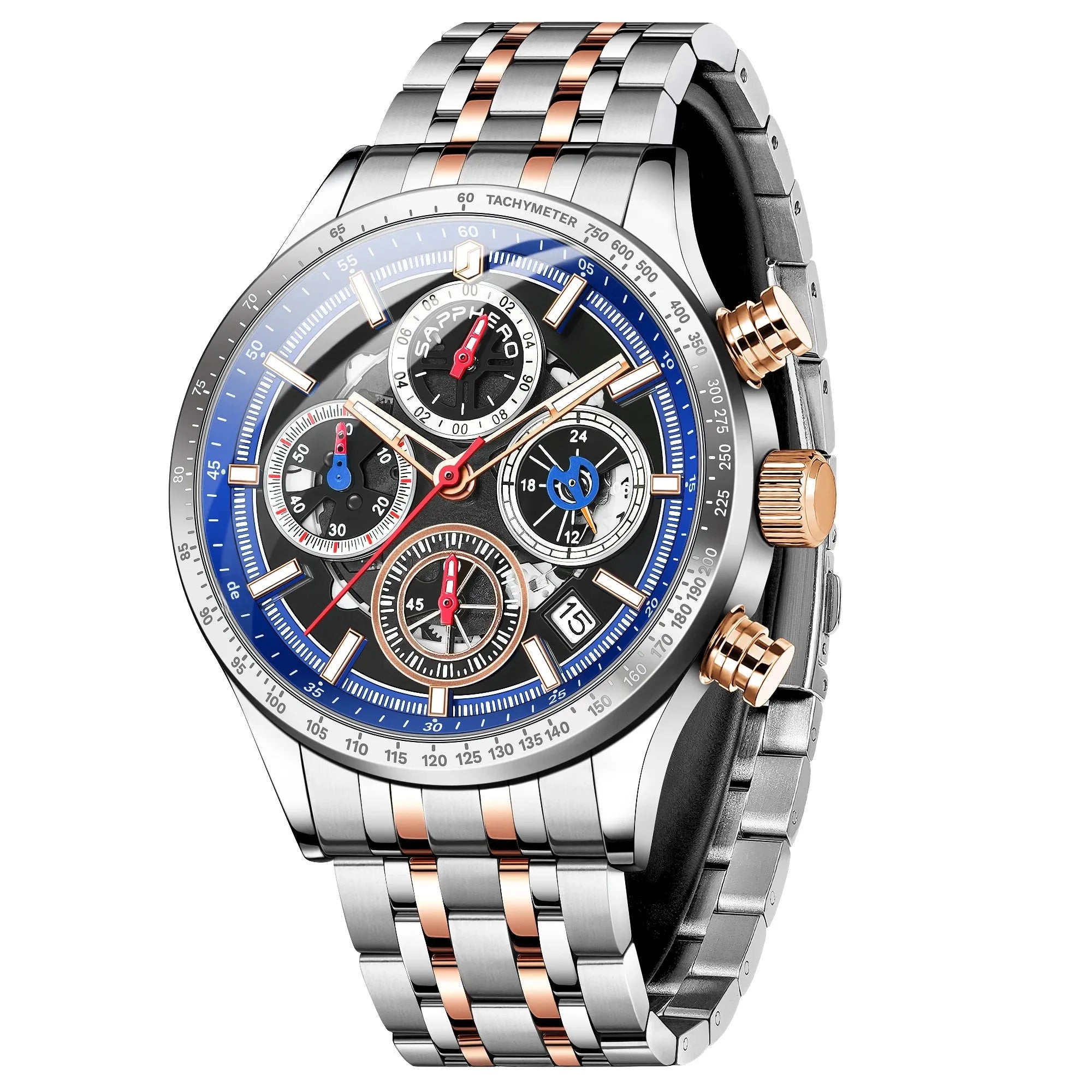 Sapphero moda masculina relógio de quartzo estilo mecânico 50m à prova dwaterproof água data cronógrafo relógio presente para homem