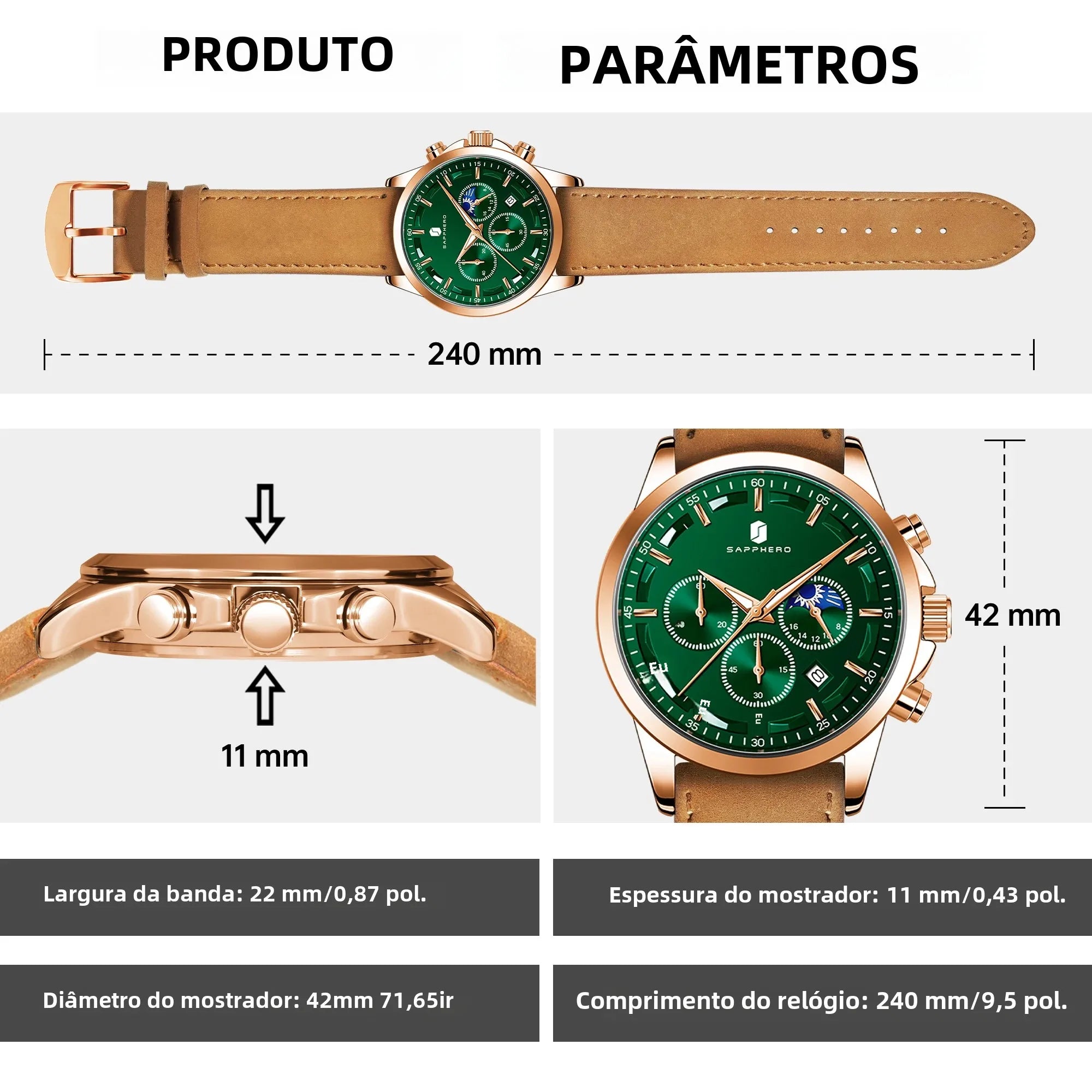 Sapphero relógios de negócios masculinos pulseira de couro esportes casual quartzo relógio masculino clássico à prova dwaterproof água 5atm relógio de pulso