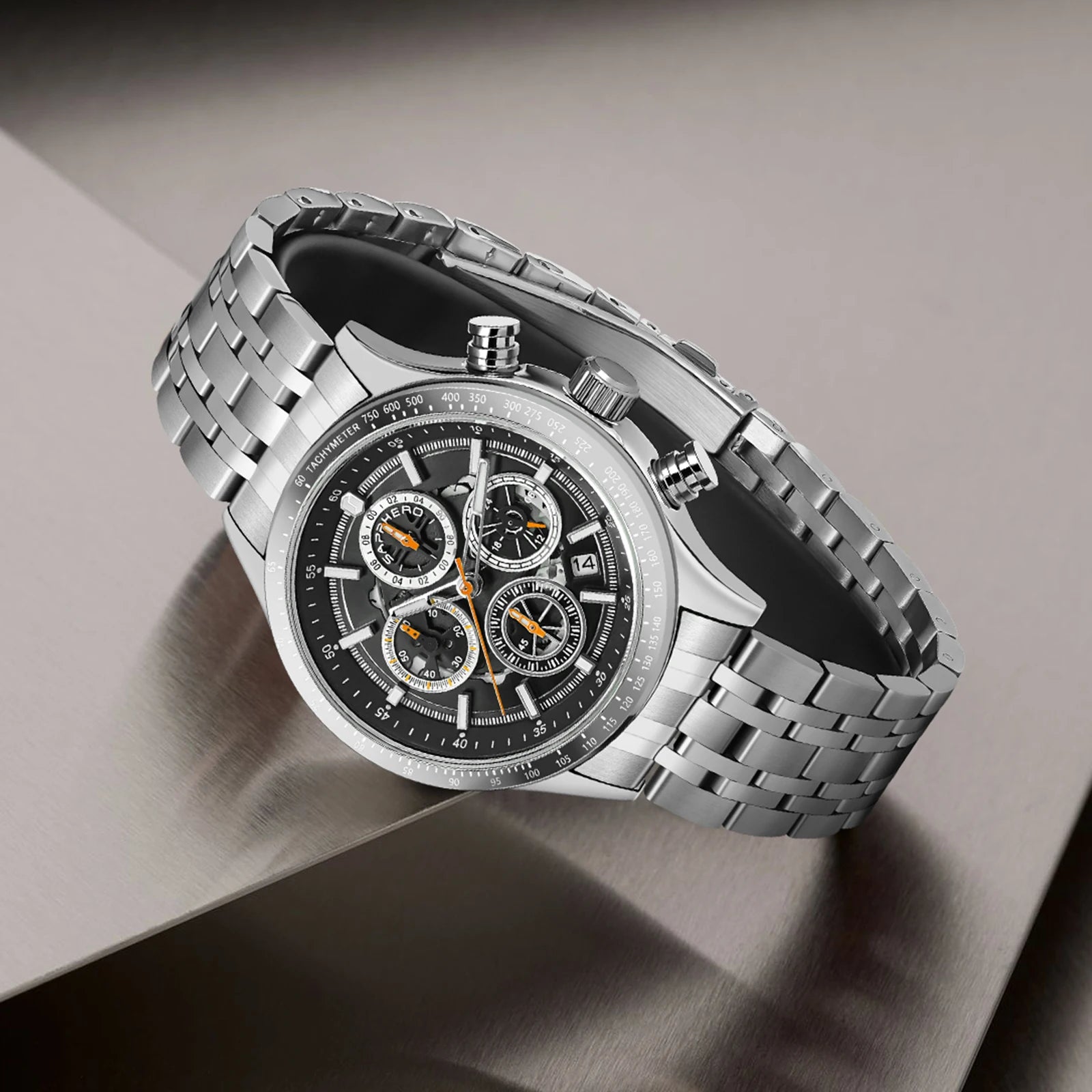 Sapphero moda masculina relógio de quartzo estilo mecânico 50m à prova dwaterproof água data cronógrafo relógio presente para homem