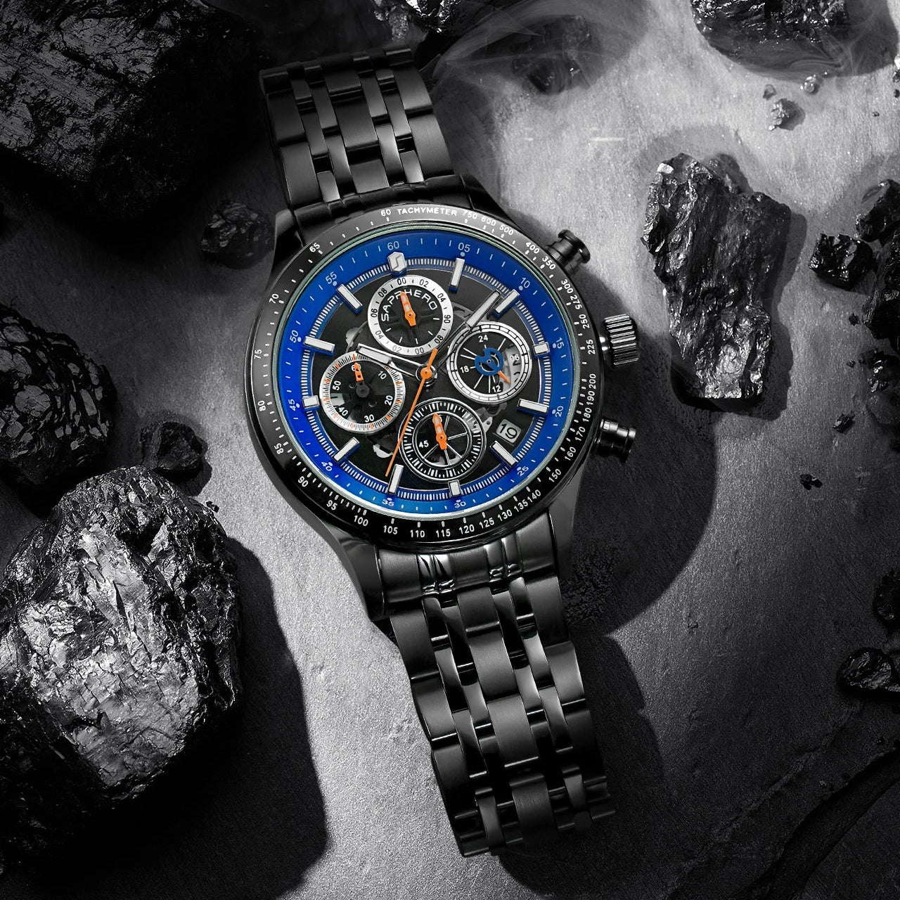 Sapphero moda masculina relógio de quartzo estilo mecânico 50m à prova dwaterproof água data cronógrafo relógio presente para homem