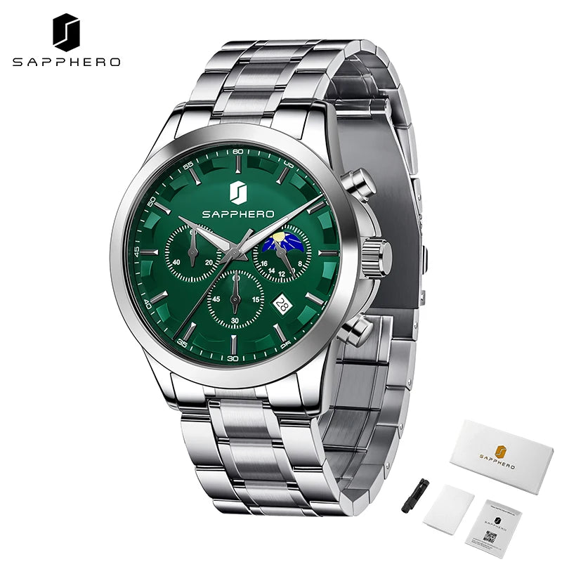SAPPHERO Relógios de negócios masculinos pulseira de aço inoxidável exibição de data e função cronógrafo relógio masculino à prova d'água relógio de ouro rosa