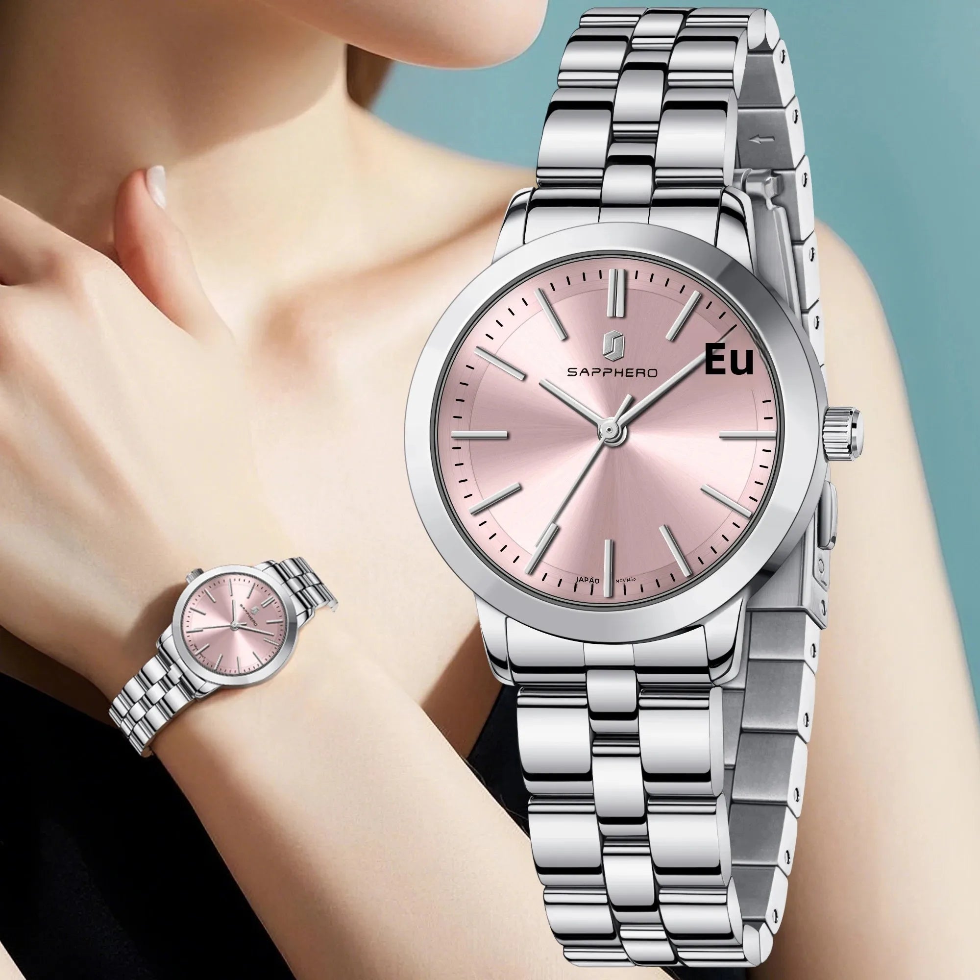 Sapphero elegante relógio feminino japão movimento à prova dwaterproof água relógio de presente do feriado relógio de pulso esportivo pulseira de aço inoxidável