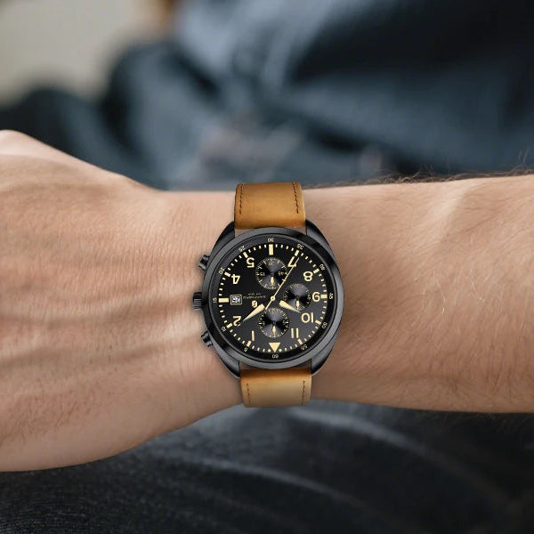 Relógio masculino de negócios safira, pulseira de couro confortável, resistente à água, com mãos iluminadas, cronógrafo para homens
