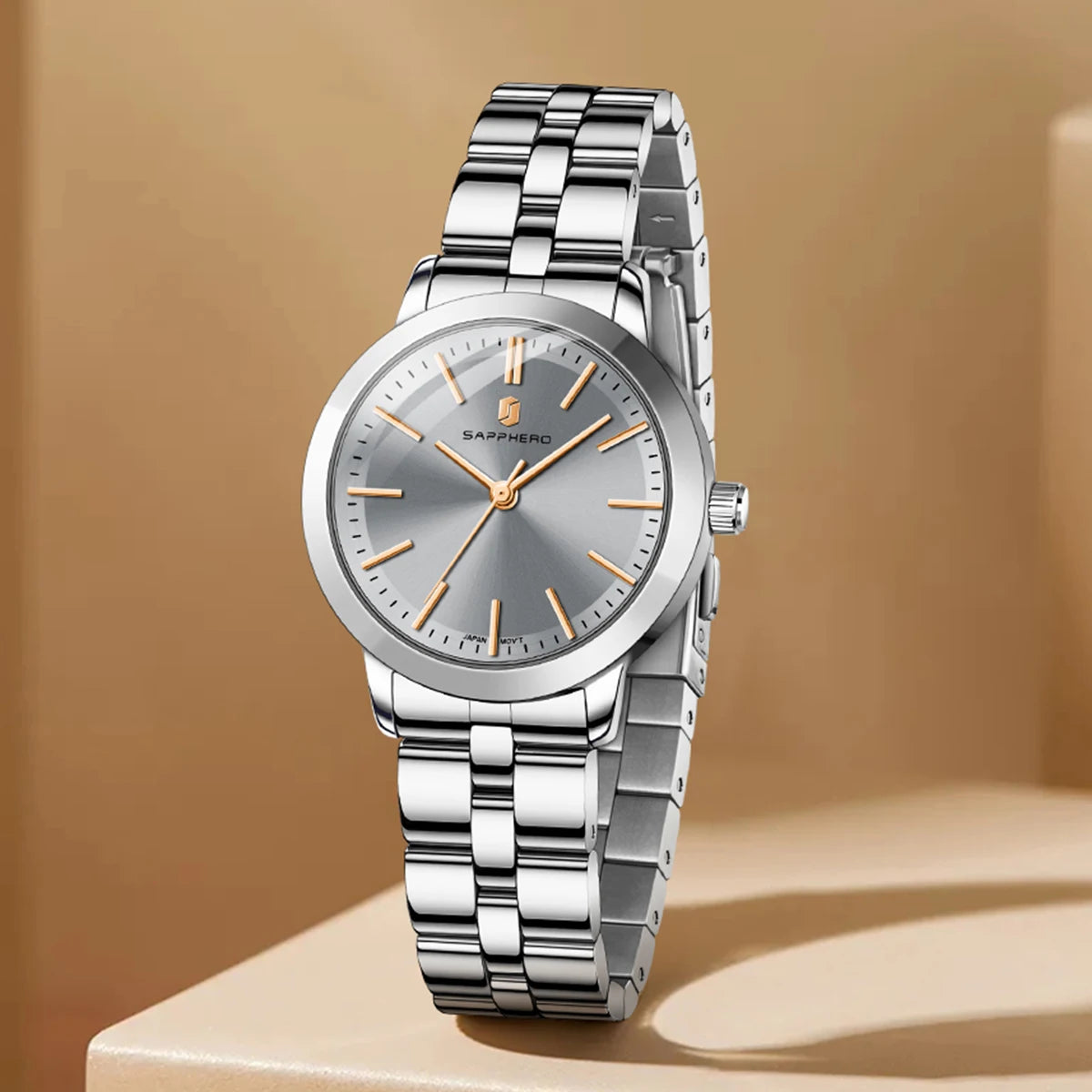Sapphero elegante relógio feminino japão movimento à prova dwaterproof água relógio de presente do feriado relógio de pulso esportivo pulseira de aço inoxidável