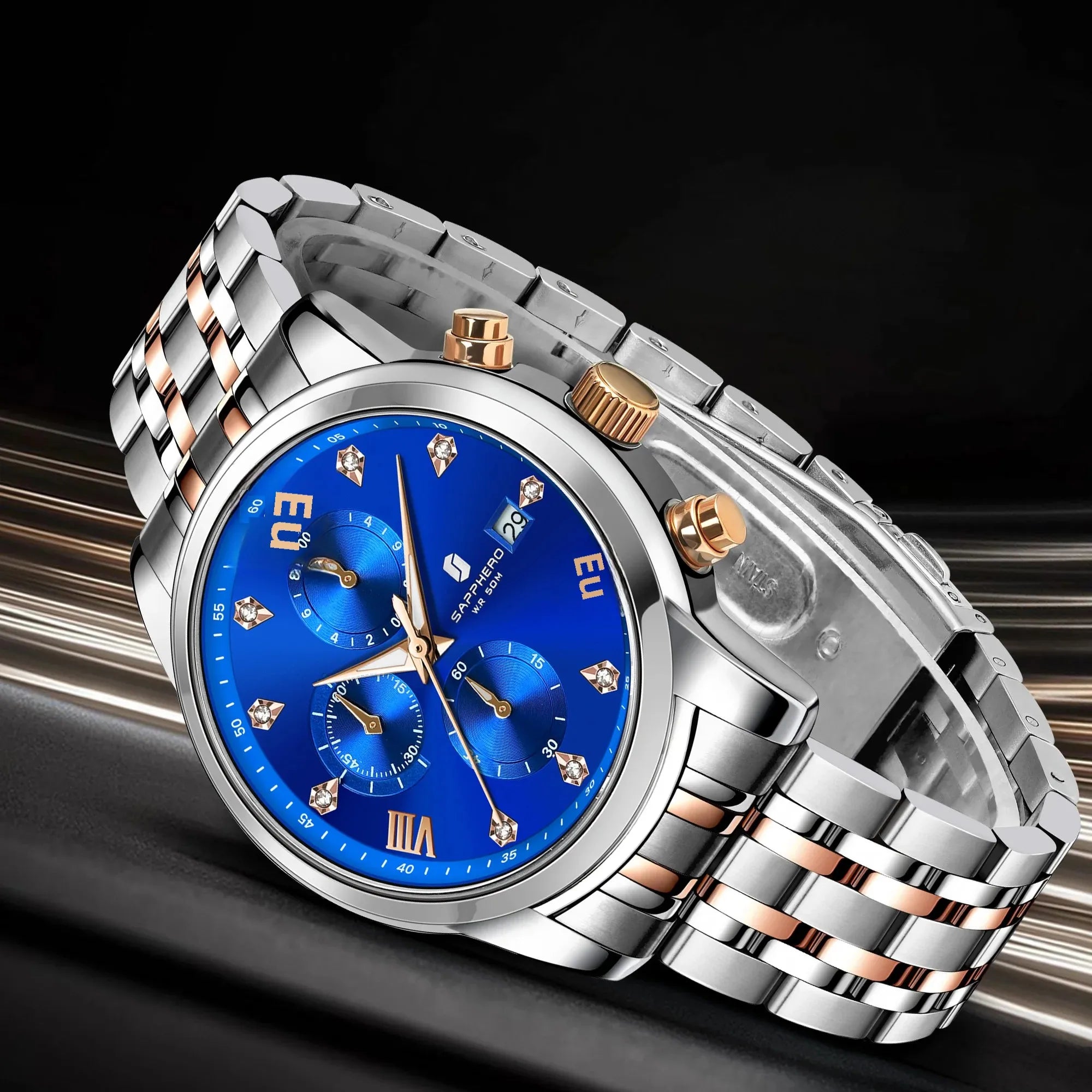 Sapphero relógio masculino de luxo, relógio de aço inoxidável, calendário, à prova d'água, 5atm, caixa de presente de alta qualidade