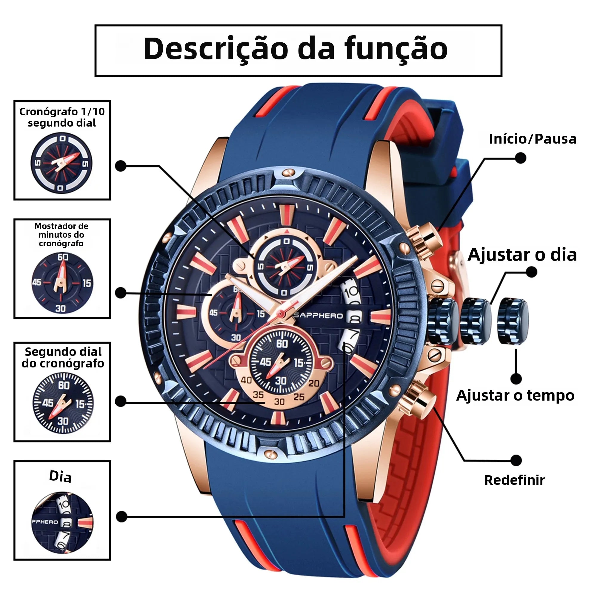 Sapphero relógio de quartzo masculino, relógio esportivo à prova d'água com pulseira de silicone, relógio militar de marca de luxo, presente, relógio preciso