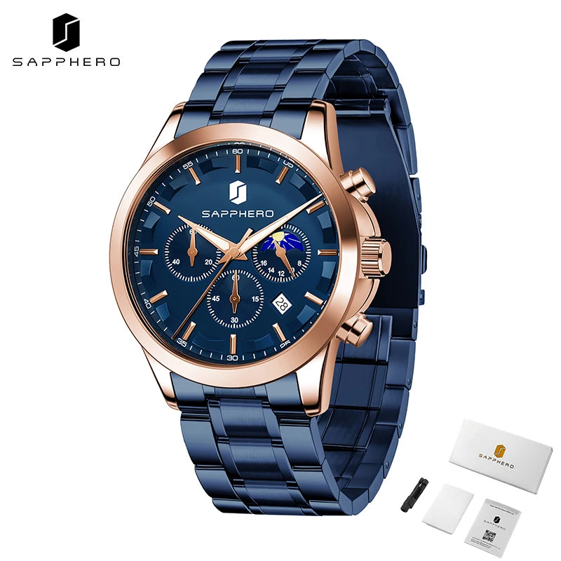 SAPPHERO Relógios de negócios masculinos pulseira de aço inoxidável exibição de data e função cronógrafo relógio masculino à prova d'água relógio de ouro rosa