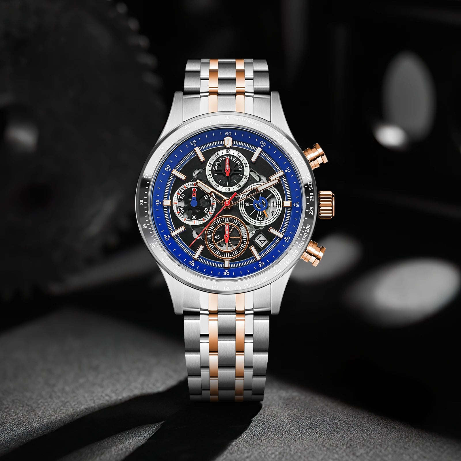Sapphero moda masculina relógio de quartzo estilo mecânico 50m à prova dwaterproof água data cronógrafo relógio presente para homem