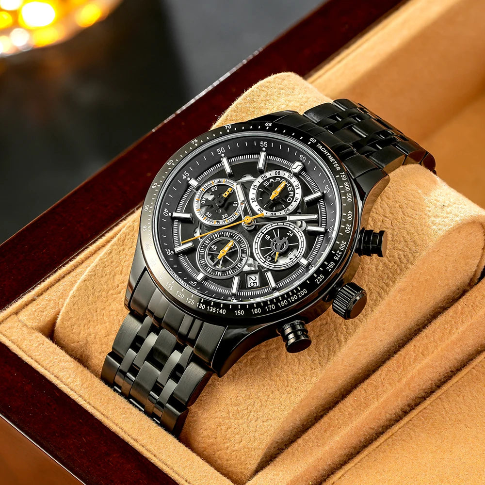 Sapphero moda masculina relógio de quartzo estilo mecânico 50m à prova dwaterproof água data cronógrafo relógio presente para homem