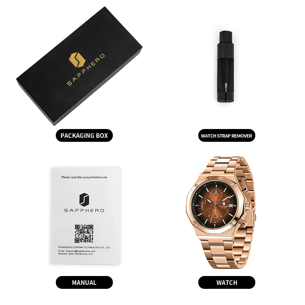 SAPPHERO Relógio masculino de ouro rosa, relógio de luxo da moda, aço inoxidável, 50m, resistência à água, presentes de ano novo