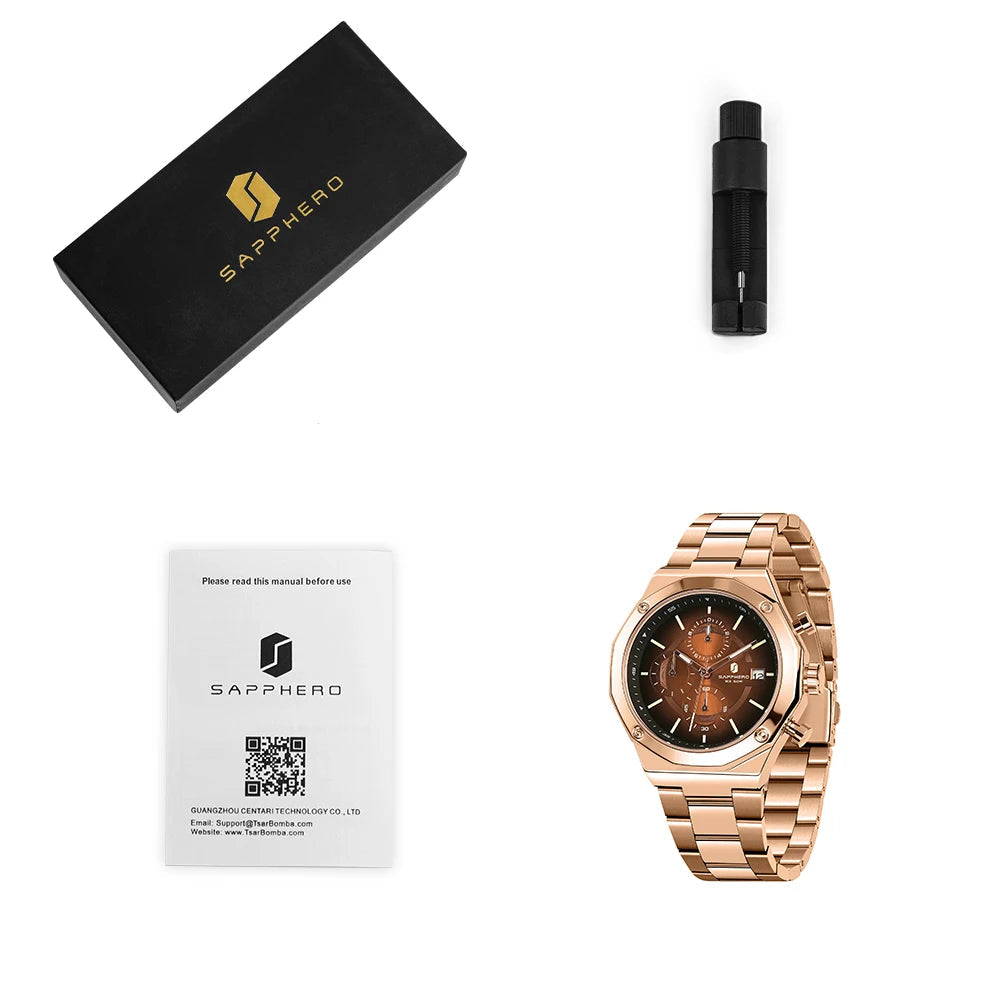 SAPPHERO Relógio masculino de ouro rosa, relógio de luxo da moda, aço inoxidável, 50m, resistência à água, presentes de ano novo