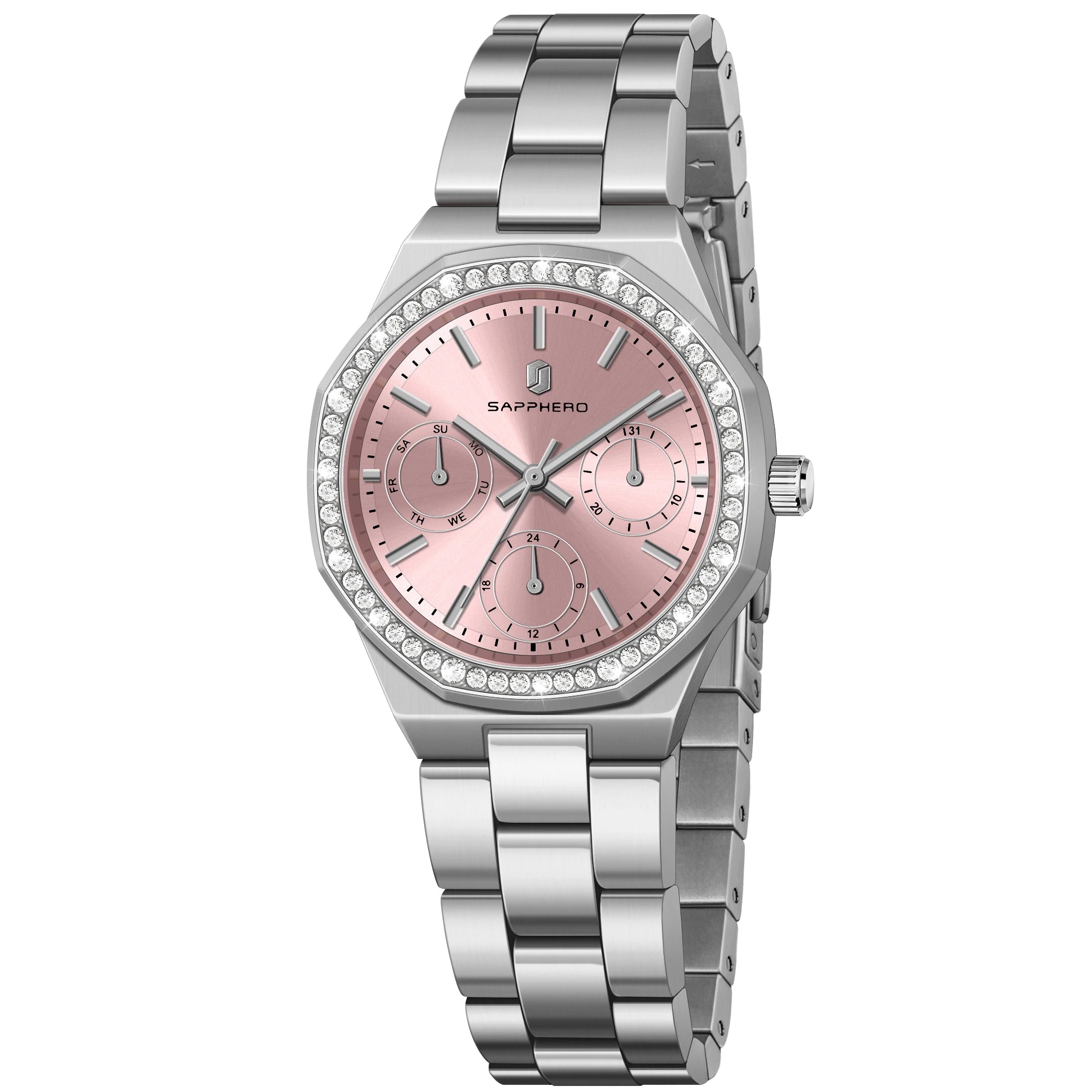 Sapphero luxo moda rosa ouro relógio elegante versátil relógio feminino japão movimento pulseira de aço inoxidável presente do feriado
