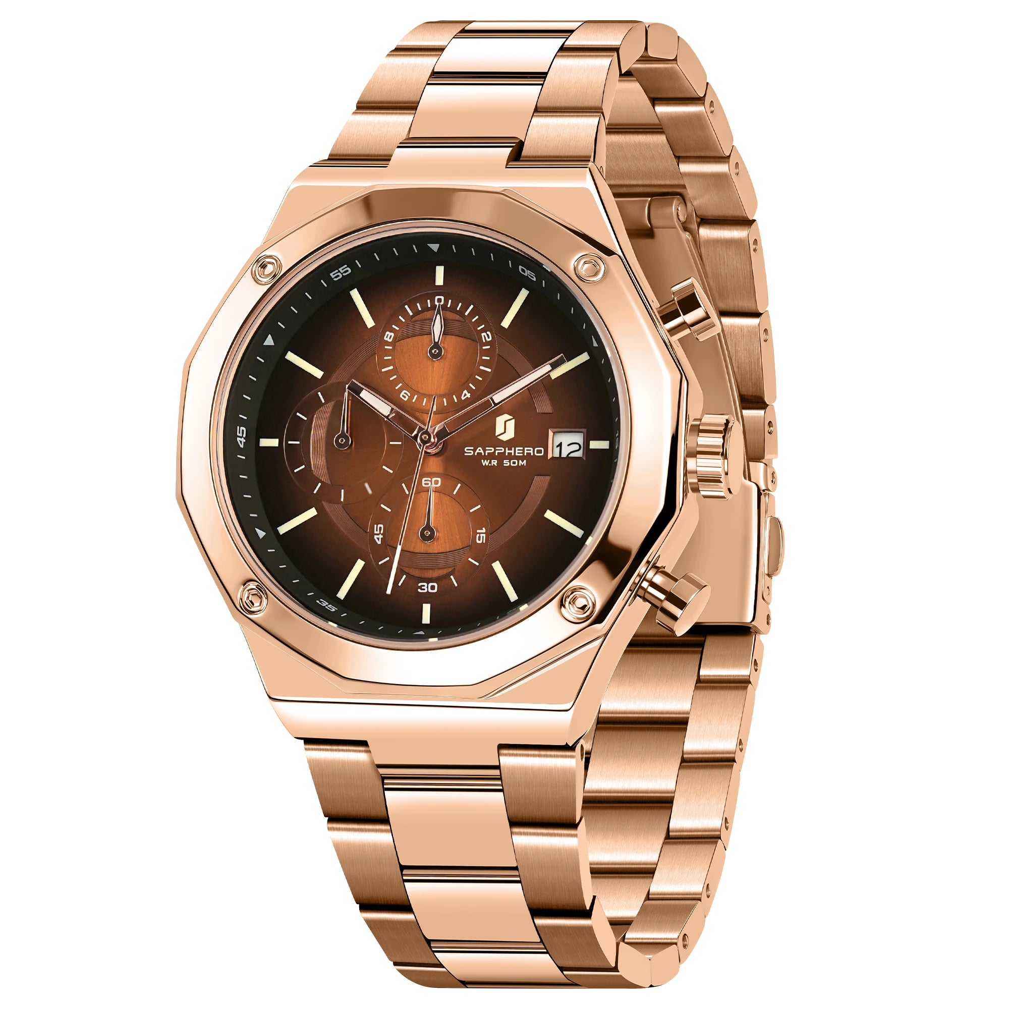 SAPPHERO Relógio masculino de ouro rosa, relógio de luxo da moda, aço inoxidável, 50m, resistência à água, presentes de ano novo