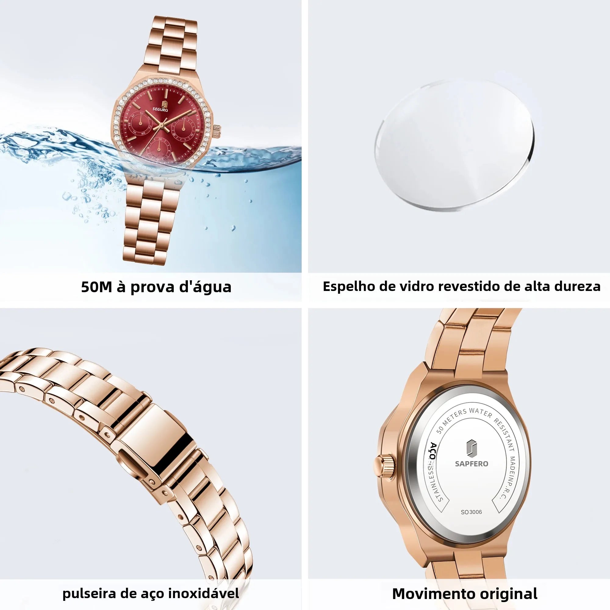 Sapphero luxo moda rosa ouro relógio elegante versátil relógio feminino japão movimento pulseira de aço inoxidável presente do feriado