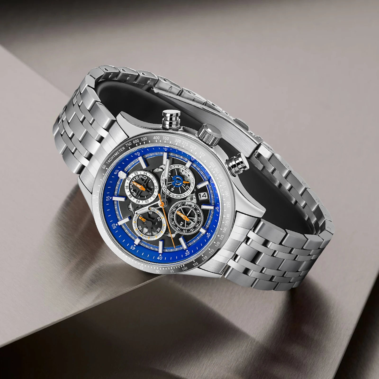 Sapphero moda masculina relógio de quartzo estilo mecânico 50m à prova dwaterproof água data cronógrafo relógio presente para homem