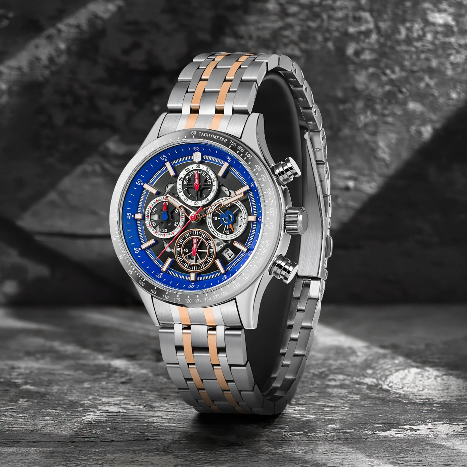 Sapphero moda masculina relógio de quartzo estilo mecânico 50m à prova dwaterproof água data cronógrafo relógio presente para homem
