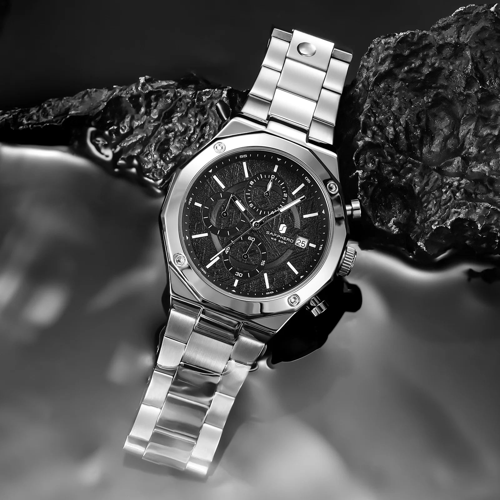 SAPPHERO Relógio masculino de ouro rosa, relógio de luxo da moda, aço inoxidável, 50m, resistência à água, presentes de ano novo
