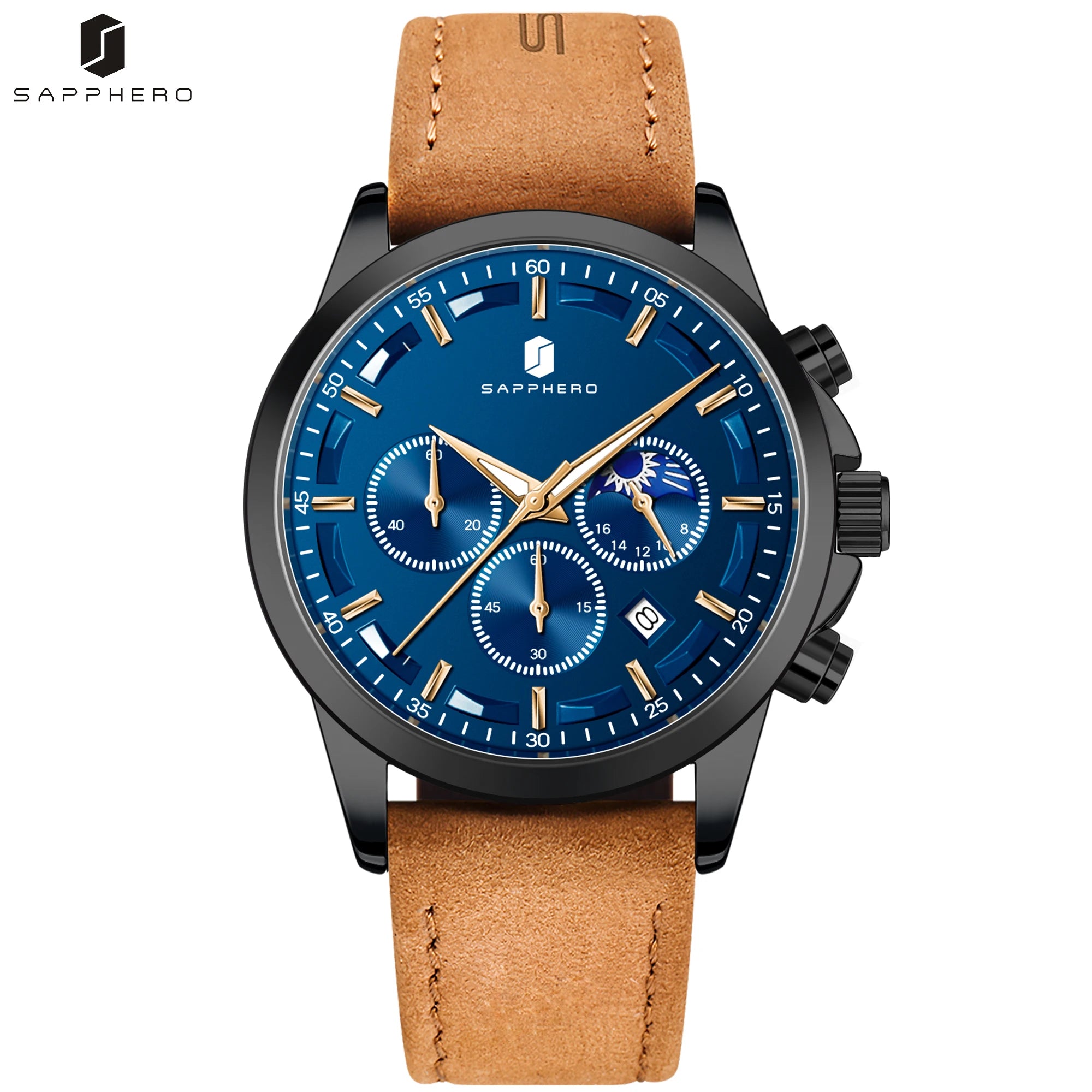 Sapphero relógios de negócios masculinos pulseira de couro esportes casual quartzo relógio masculino clássico à prova dwaterproof água 5atm relógio de pulso