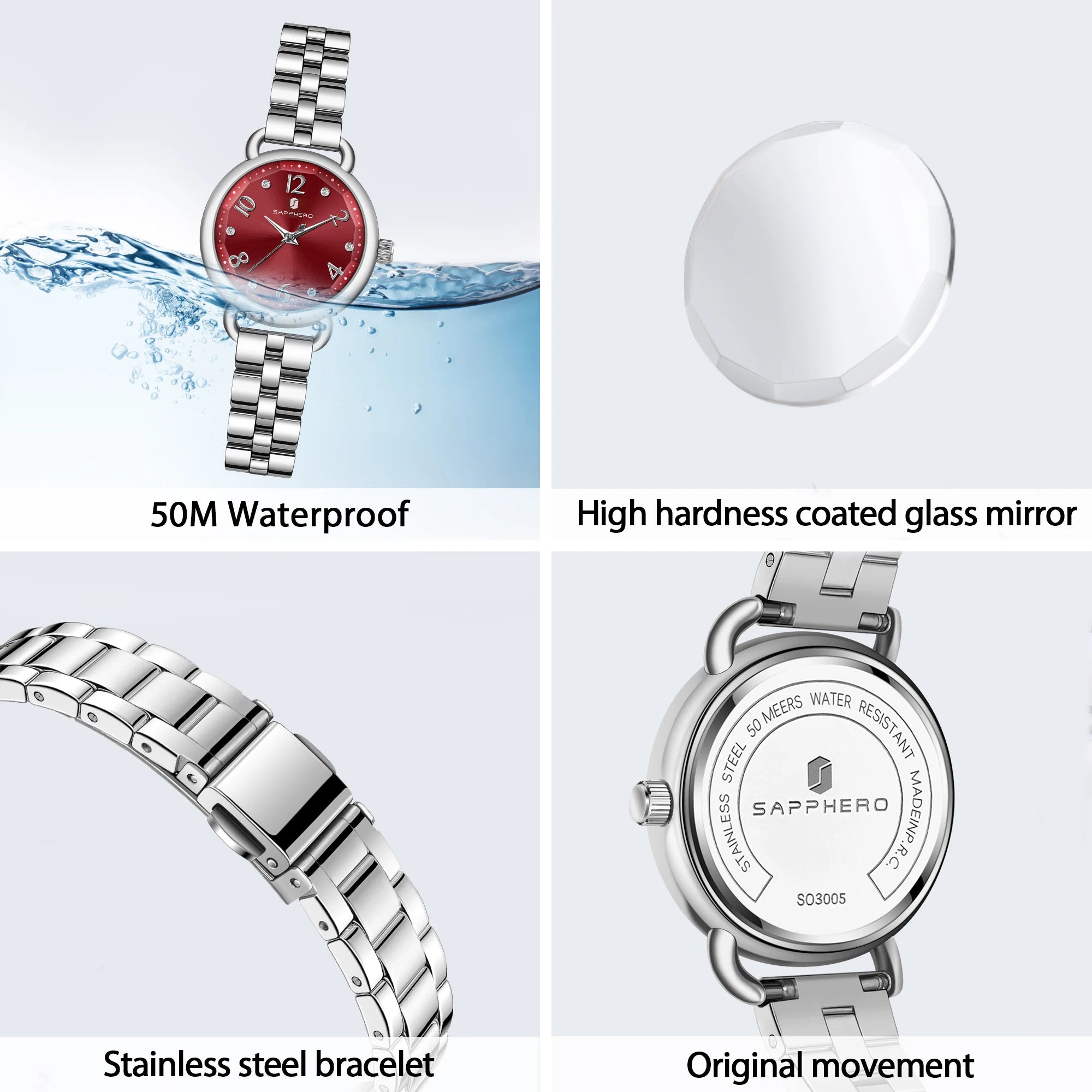 Sapphero relógios femininos moda versátil relógio feminino luz luxo ultra-fino relógios femininos pulseiras de aço inoxidável relógio de presente