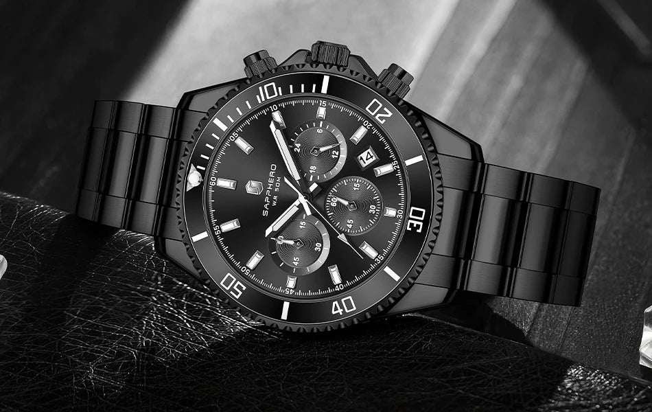 SAPPHERO Relógio Masculino Ouro Aço Inoxidável Calendário Cronógrafo Para Homens Relógios de Pulso de Aço Inoxidável Mostrador