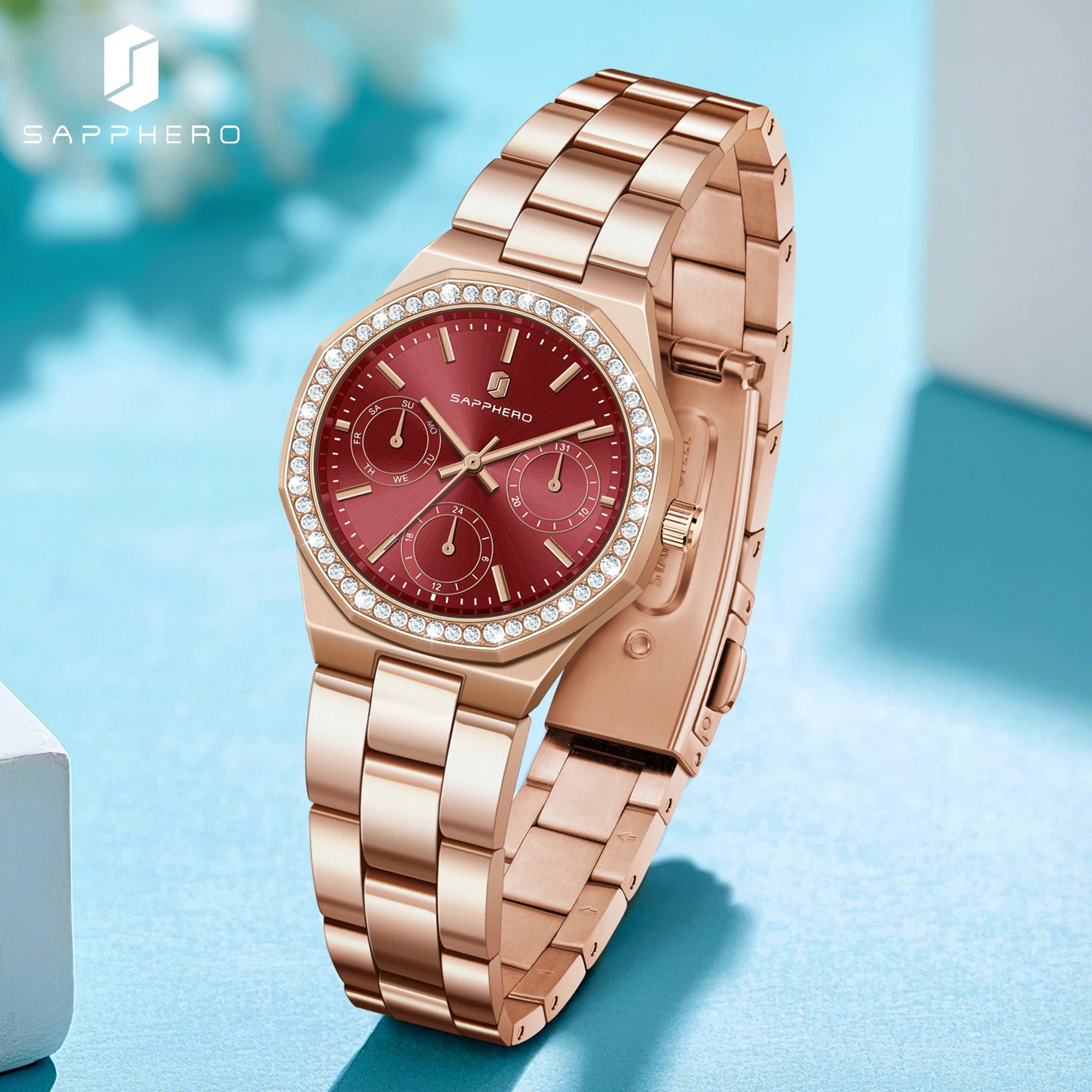 Sapphero luxo moda rosa ouro relógio elegante versátil relógio feminino japão movimento pulseira de aço inoxidável presente do feriado