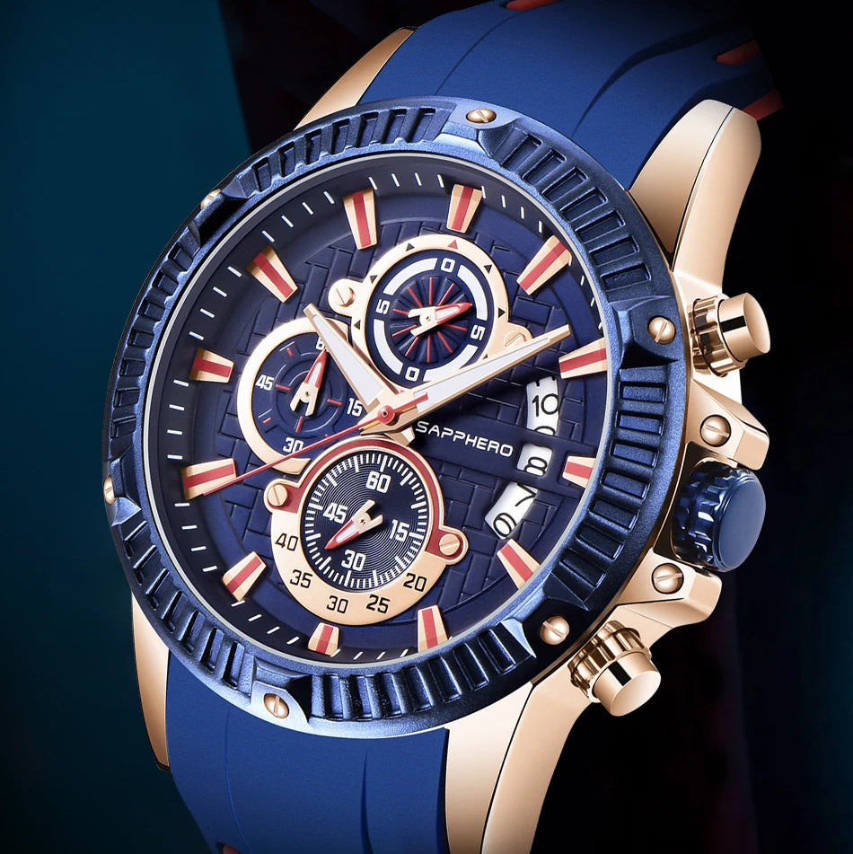 Sapphero relógio de quartzo masculino, relógio esportivo à prova d'água com pulseira de silicone, relógio militar de marca de luxo, presente, relógio preciso