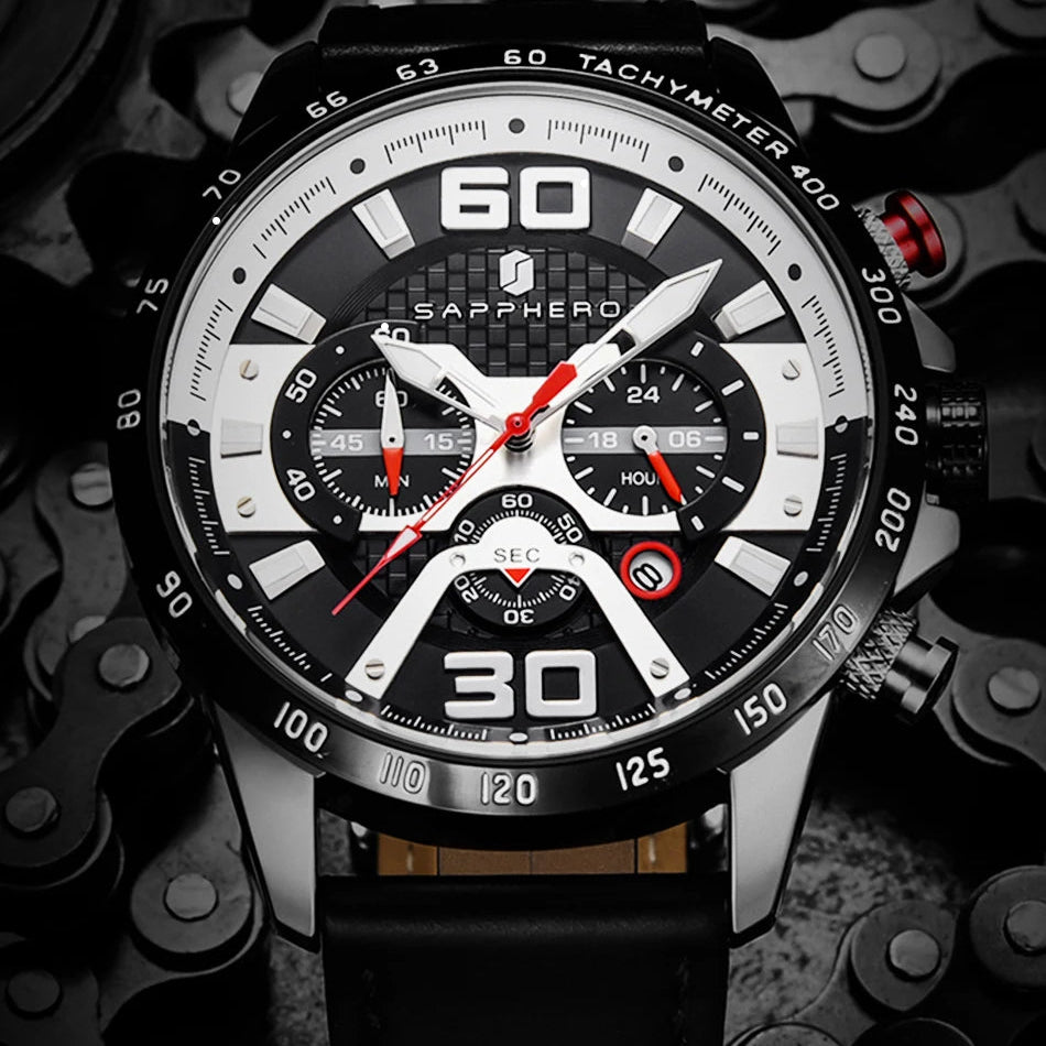 Sapphero relógio esportivo masculino, relógio de ouro rosa com pulseira de couro, data luminosa, à prova d'água, cronógrafo, relógio de quartzo, acessórios masculinos