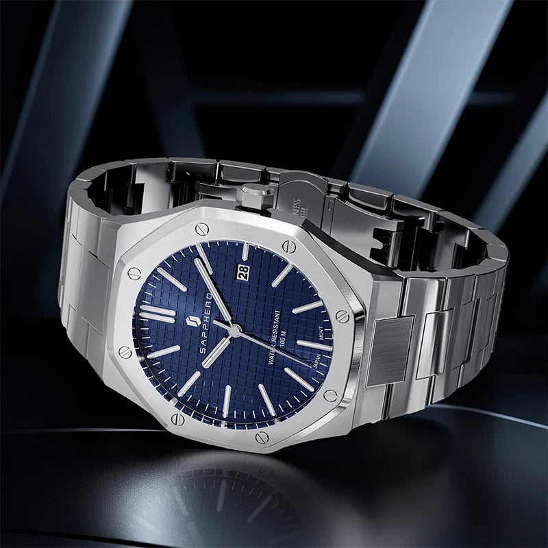 Relógio masculino SAPPHERO, pulseira de aço inoxidável, design resistente à água, calendário automático, presentes festivos, relógio de caixa de presente requintado
