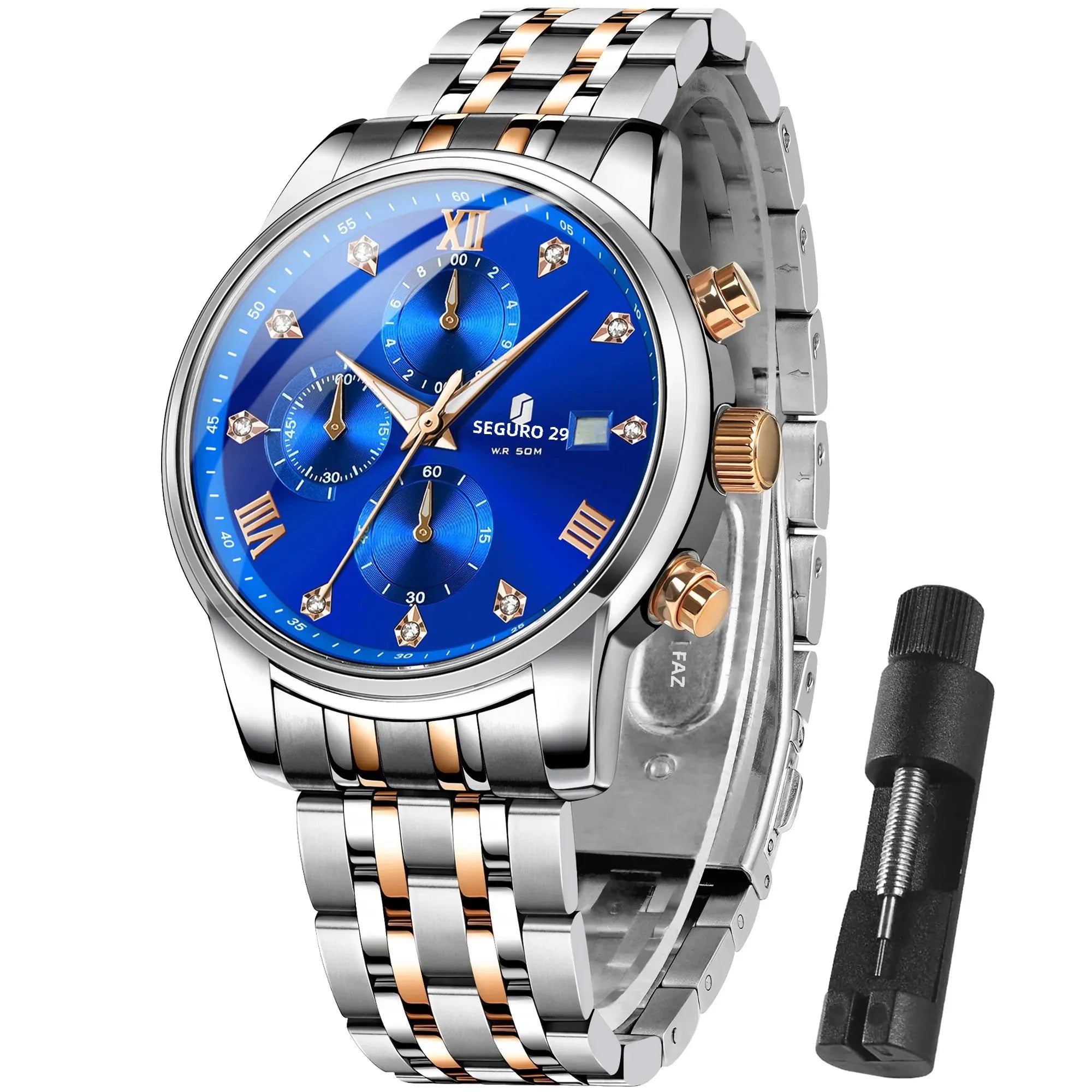 Sapphero relógio masculino de luxo, relógio de aço inoxidável, calendário, à prova d'água, 5atm, caixa de presente de alta qualidade