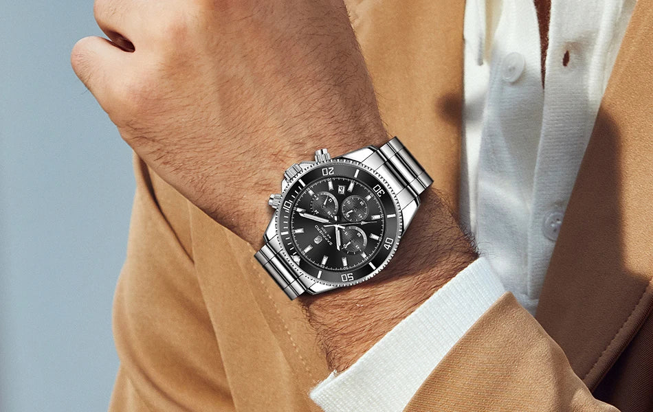 SAPPHERO Relógio Masculino Ouro Aço Inoxidável Calendário Cronógrafo Para Homens Relógios de Pulso de Aço Inoxidável Mostrador