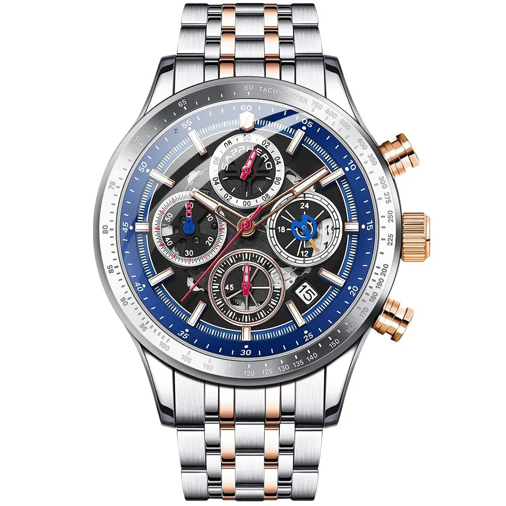 Sapphero moda masculina relógio de quartzo estilo mecânico 50m à prova dwaterproof água data cronógrafo relógio presente para homem