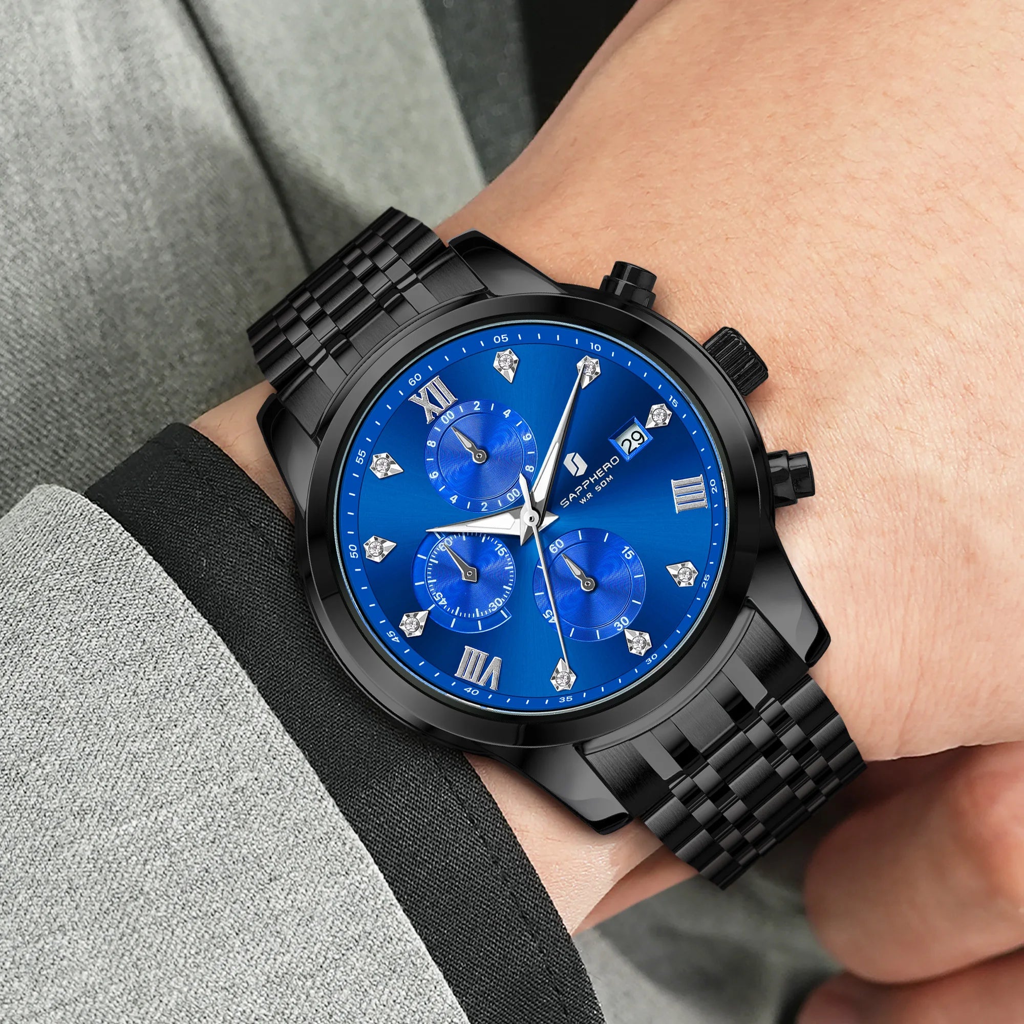 SAPPHERO Novo relógio masculino de luxo relógio com mostrador de diamante relógio masculino de aço inoxidável com cronometragem de precisão relógio de presente masculino