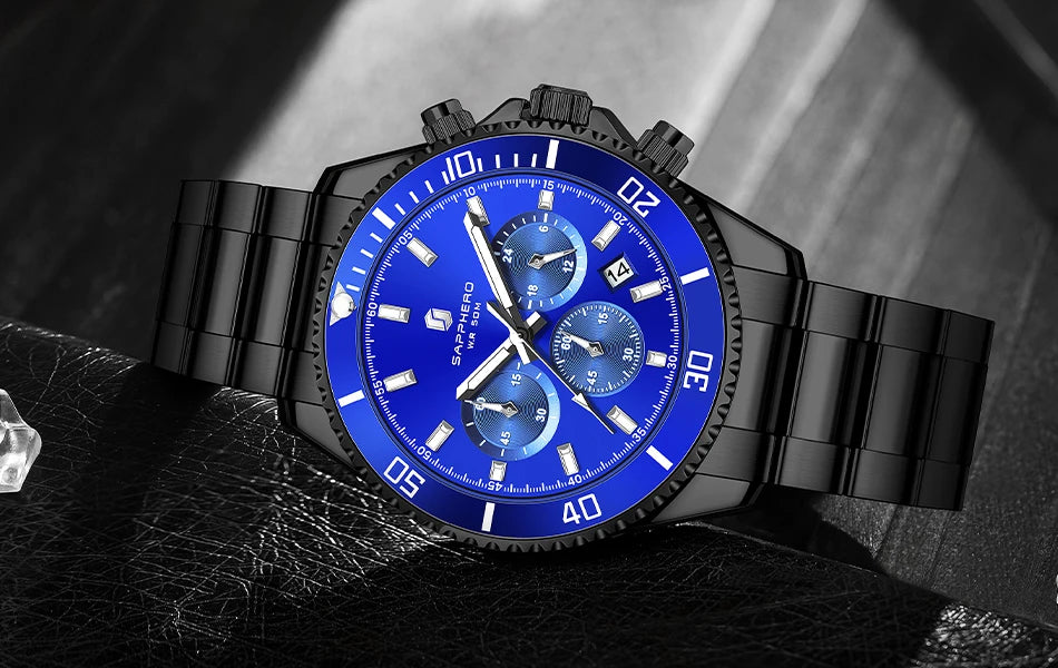 SAPPHERO Relógio Masculino Ouro Aço Inoxidável Calendário Cronógrafo Para Homens Relógios de Pulso de Aço Inoxidável Mostrador